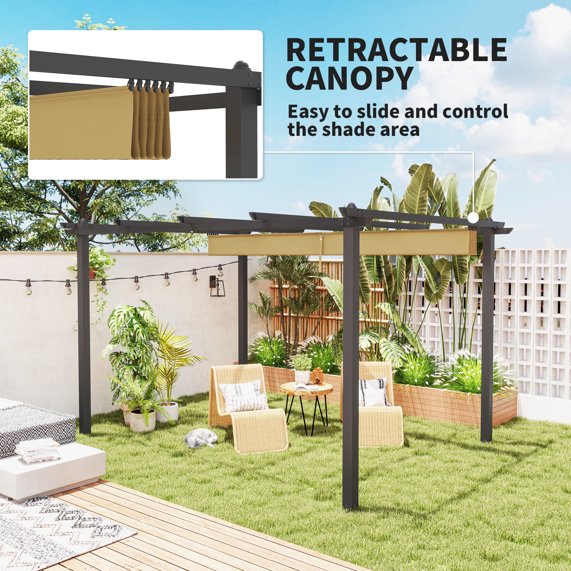 Aluminium Pergola 3x4m Retractable Roof Khaki