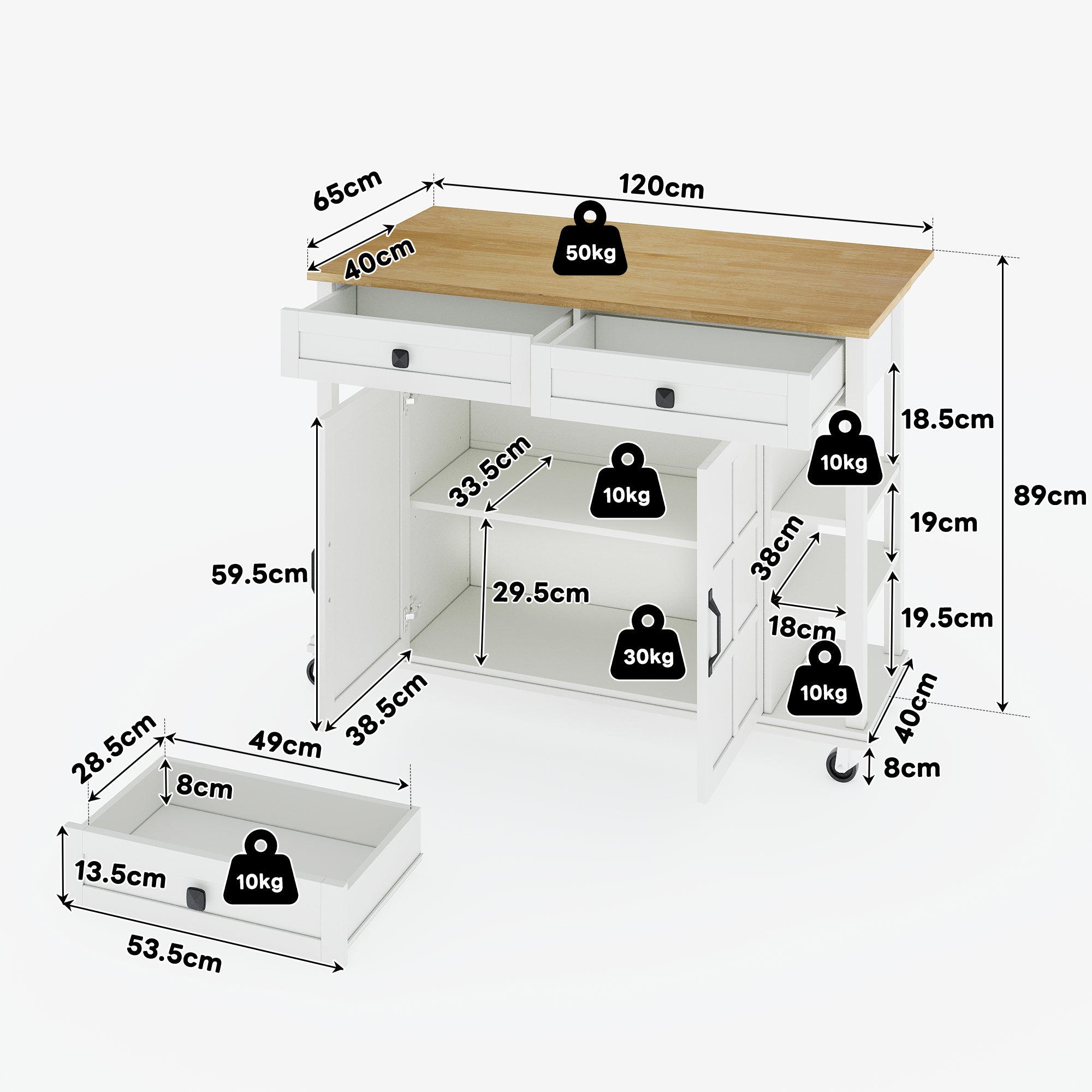 Multifunctional Kitchen Trolley, Fold-Down Worktop, 2 Drawers, On Wheels, Wood