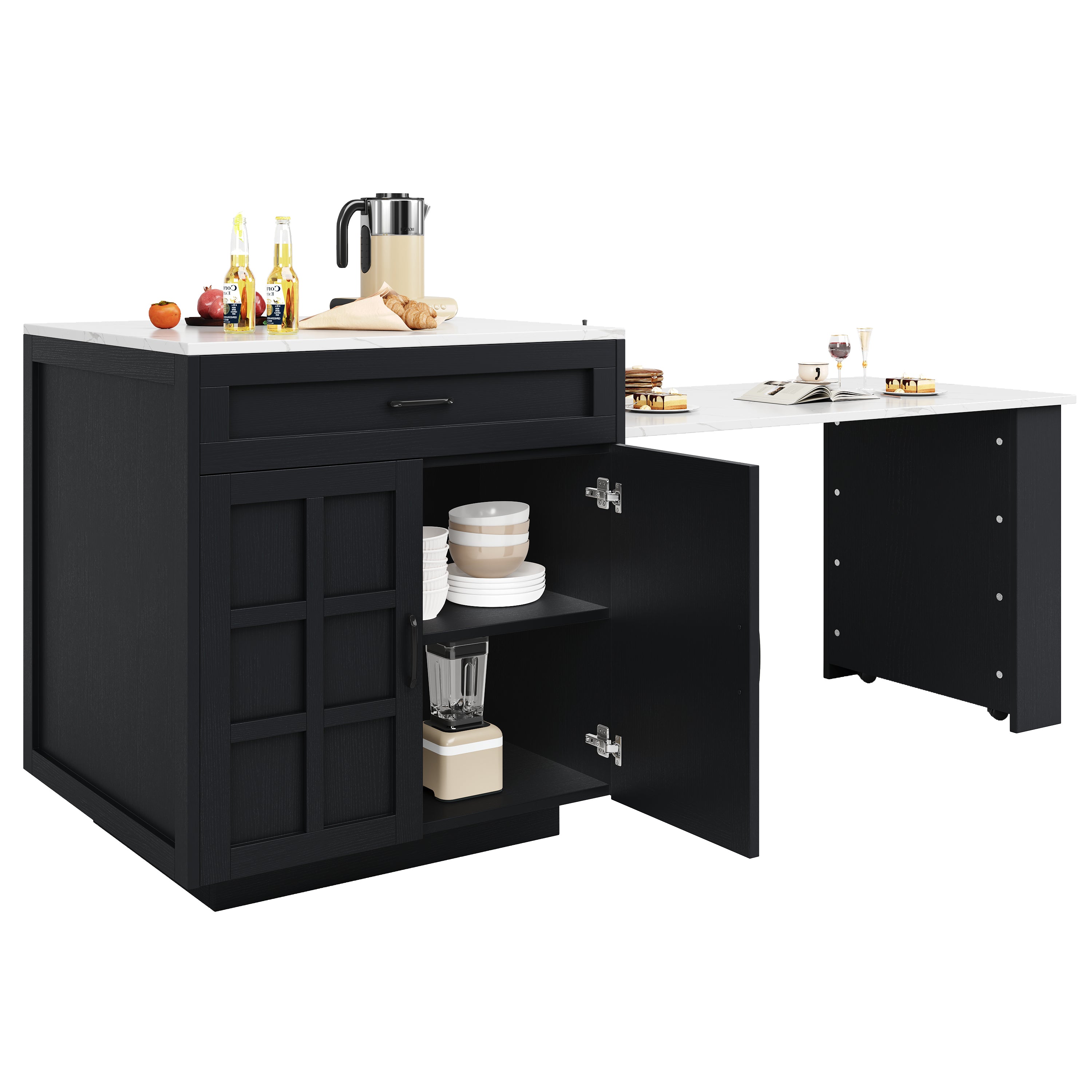 Extendable Bar Table Kitchen Island with Storage & Drawers - Black