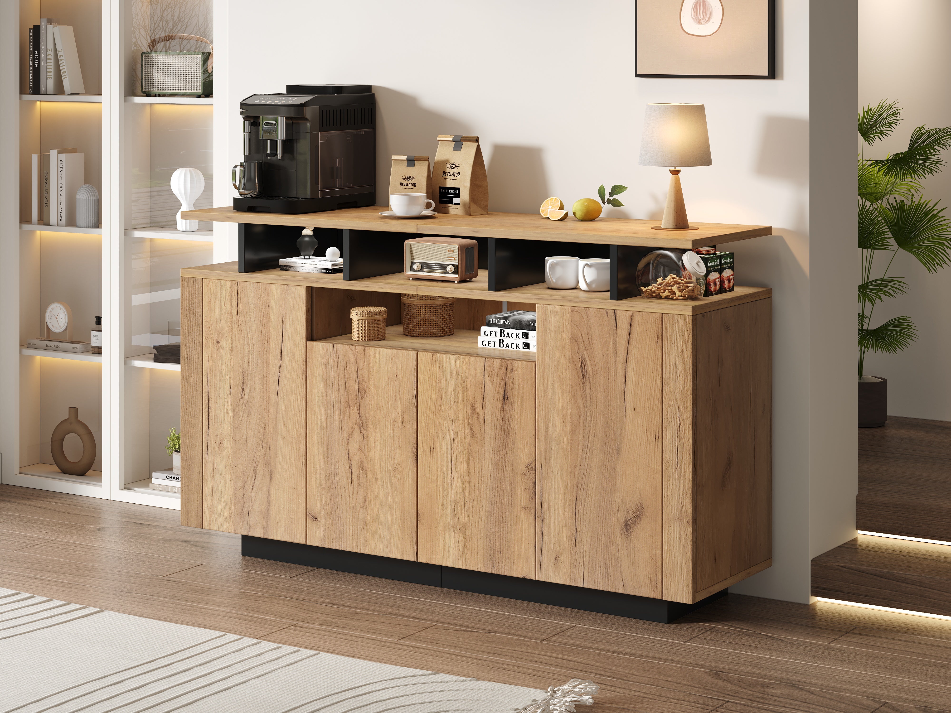 Sideboard Chest of Drawers with 4 Doors and 3 Open Compartments, Natural