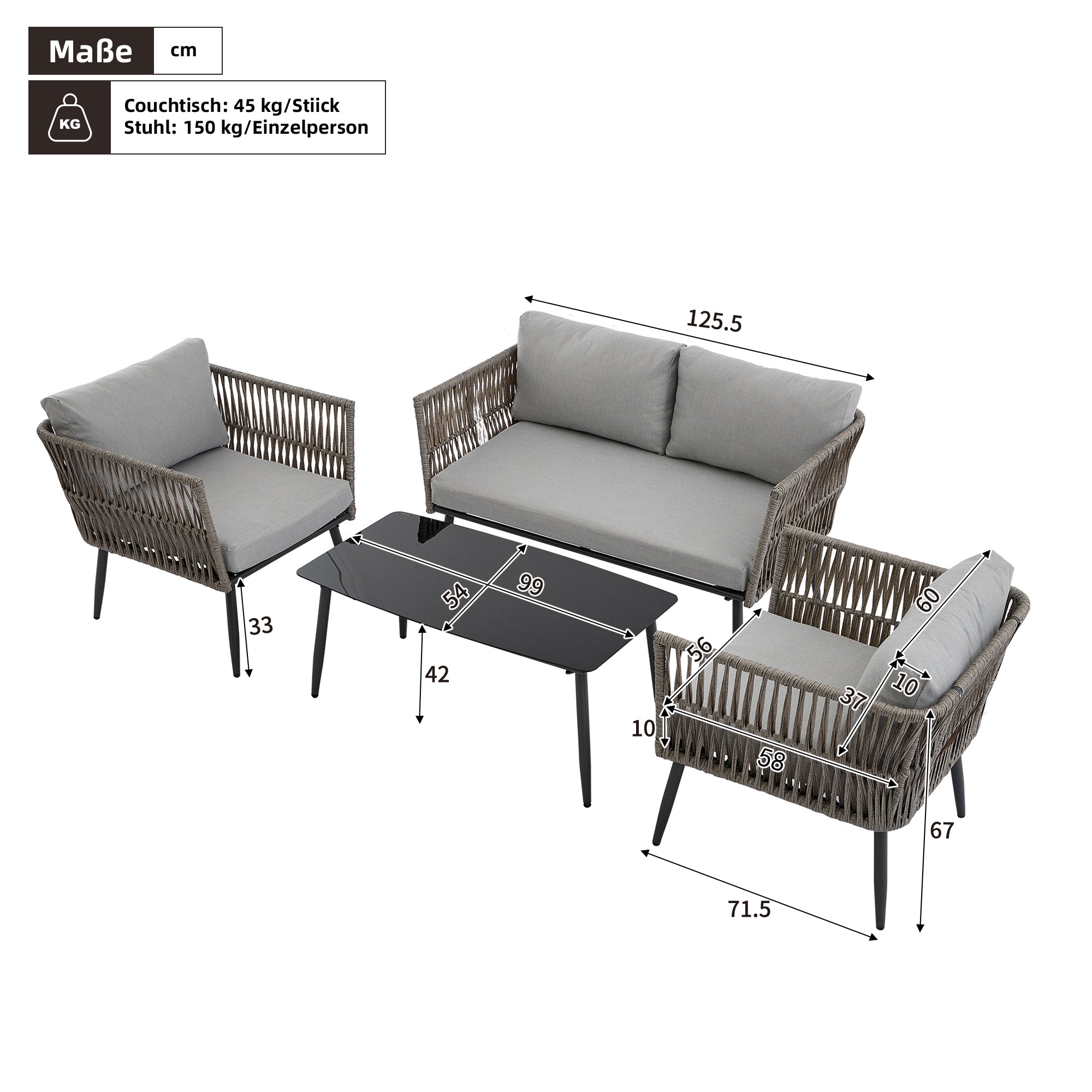 Garden Lounge Set with 2-Seater Sofa, 2 Armchairs and Coffee Table, Grey PE Rope and Steel