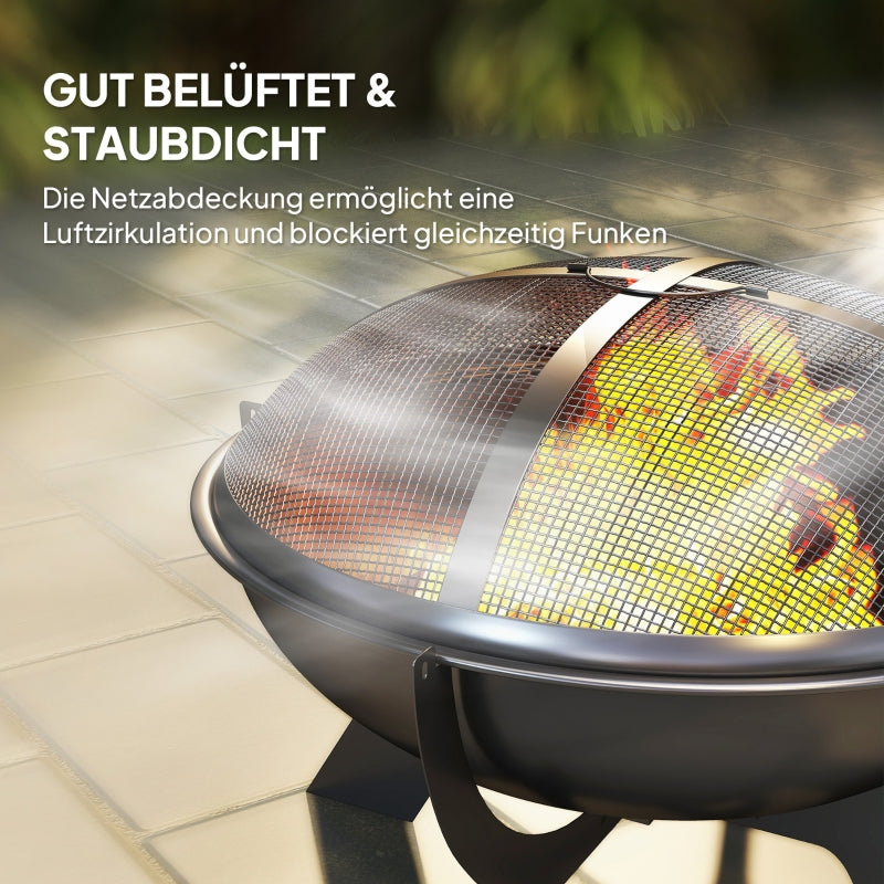 Fire Bowl 54x39cm Round Fire Pit with Spark Guard, Metal Black