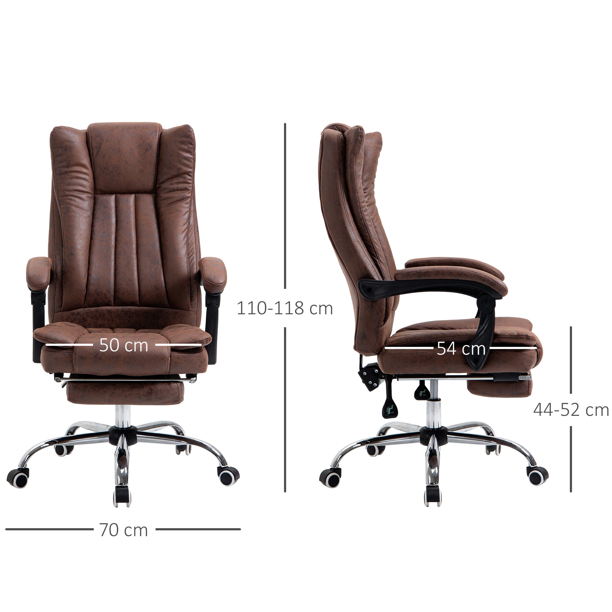 Home Office Chair, Reclining Function Armrests Swivel Wheels Footrest, Microfibre Brown