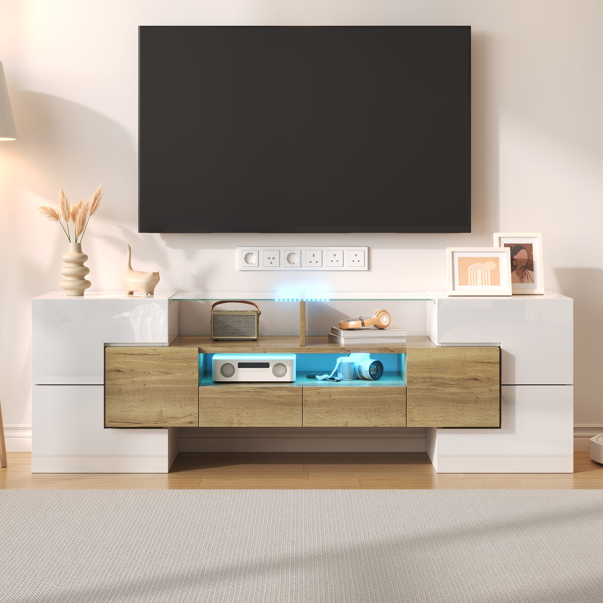 TV Cabinet, 145 cm LED Lighting, High-Gloss White Glass