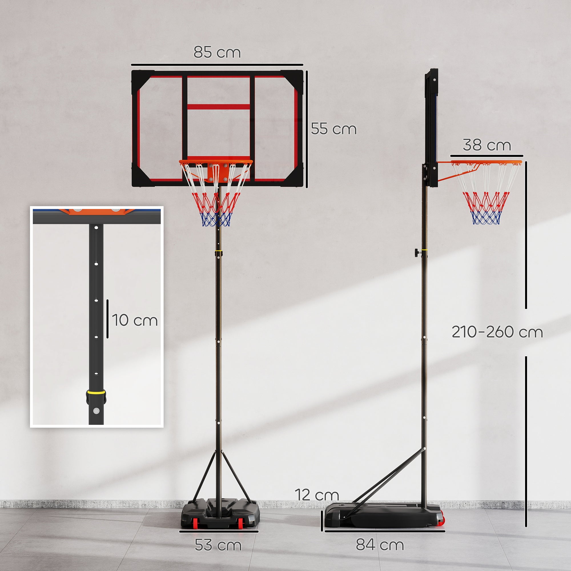 Outdoor Basketball Hoop, Height-Adjustable with Wheels, Red