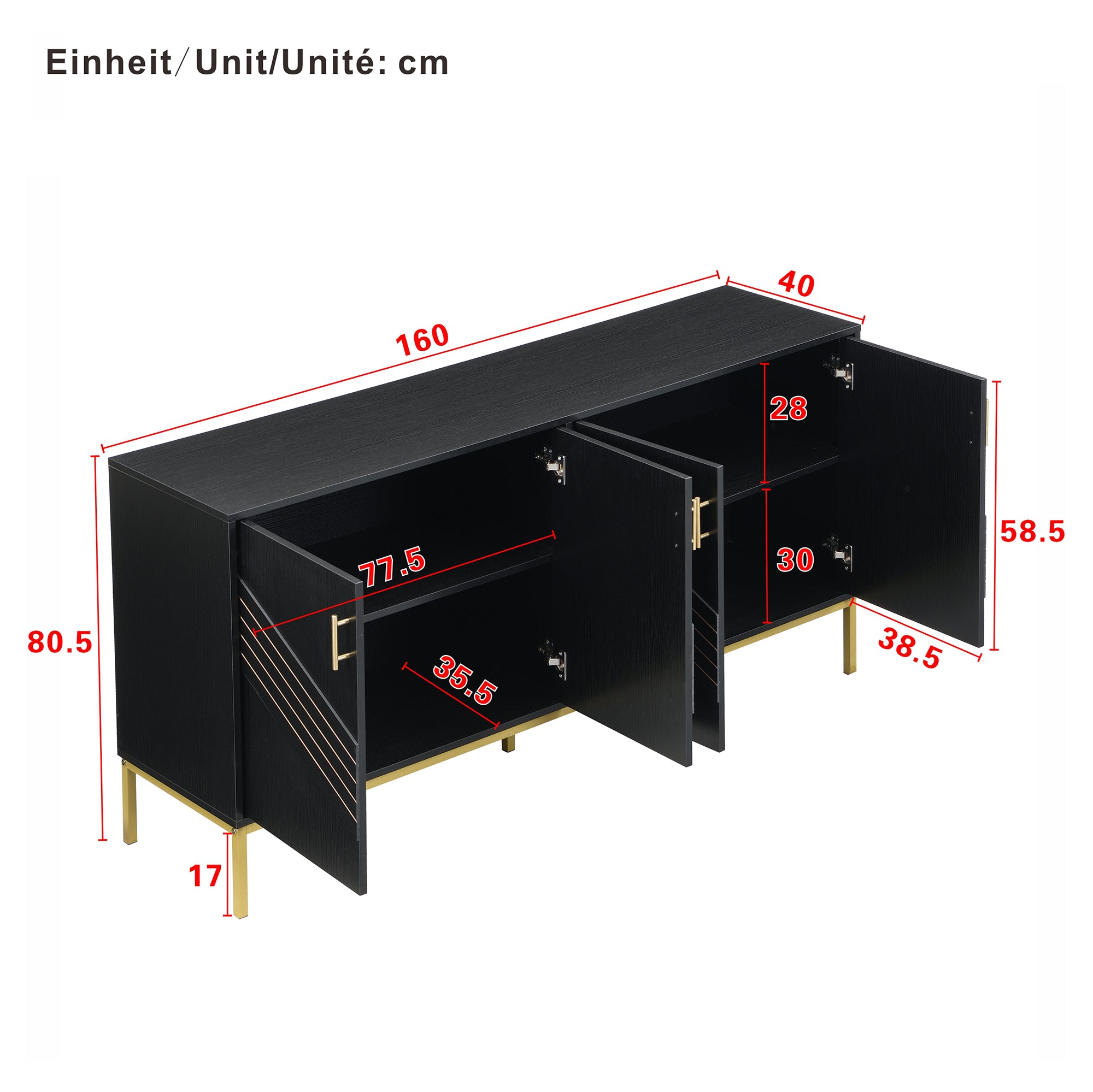 Sideboard, 4-Door Modern Large Capacity with Adjustable Shelves, Black and Gold MDF