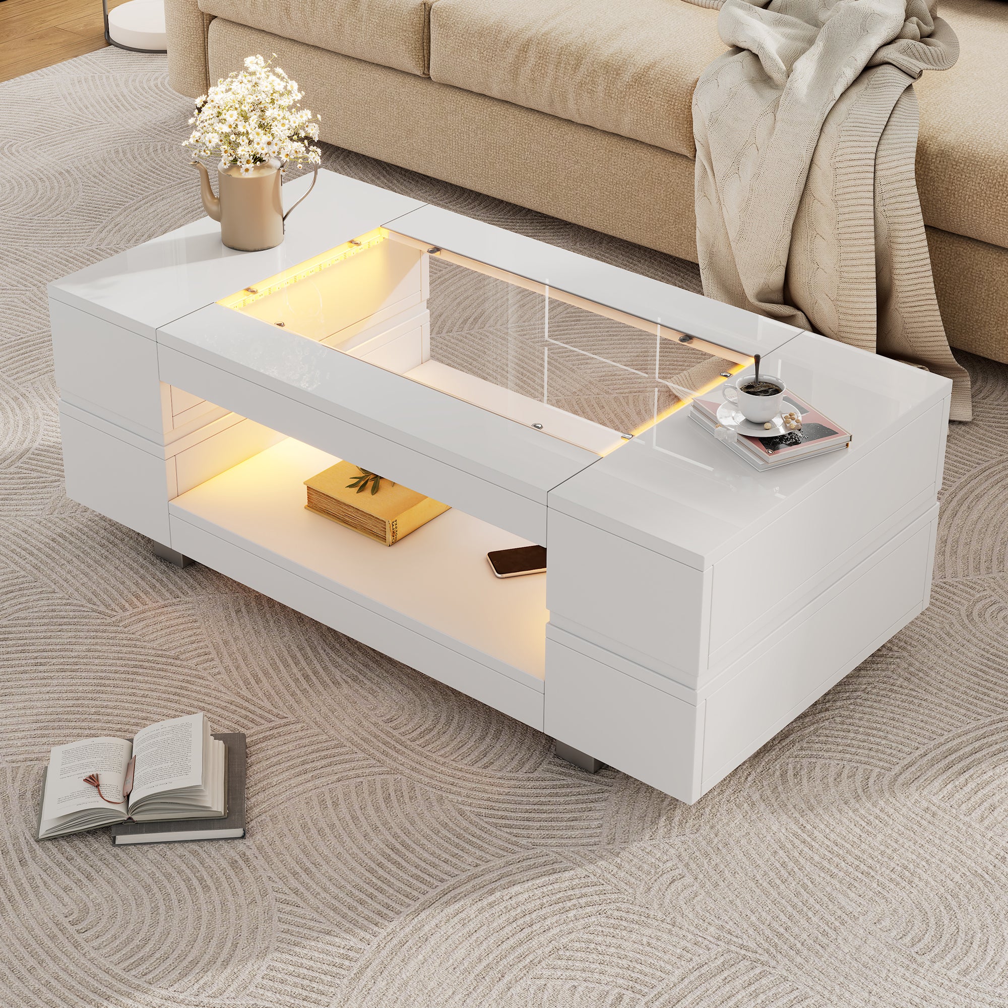Hollow Coffee Table with Open Storage LED High Gloss Glass Top, White MDF+Glass