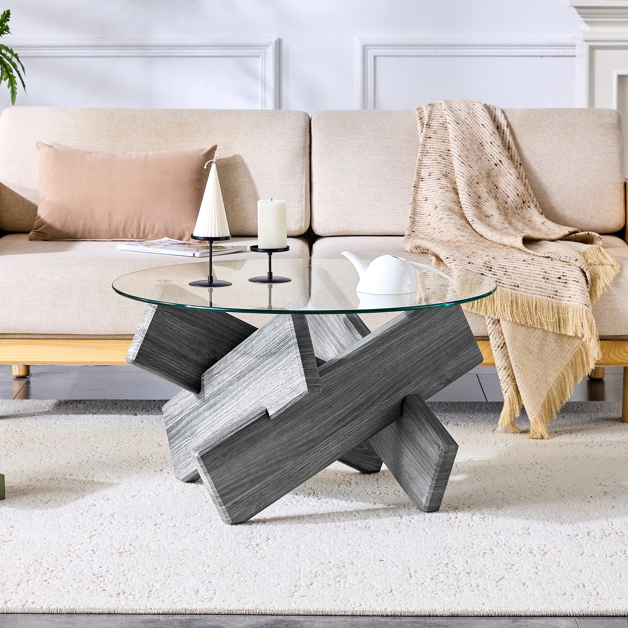 Round Coffee Table 79cm Tempered Glass Cross Legs - Gray MDF