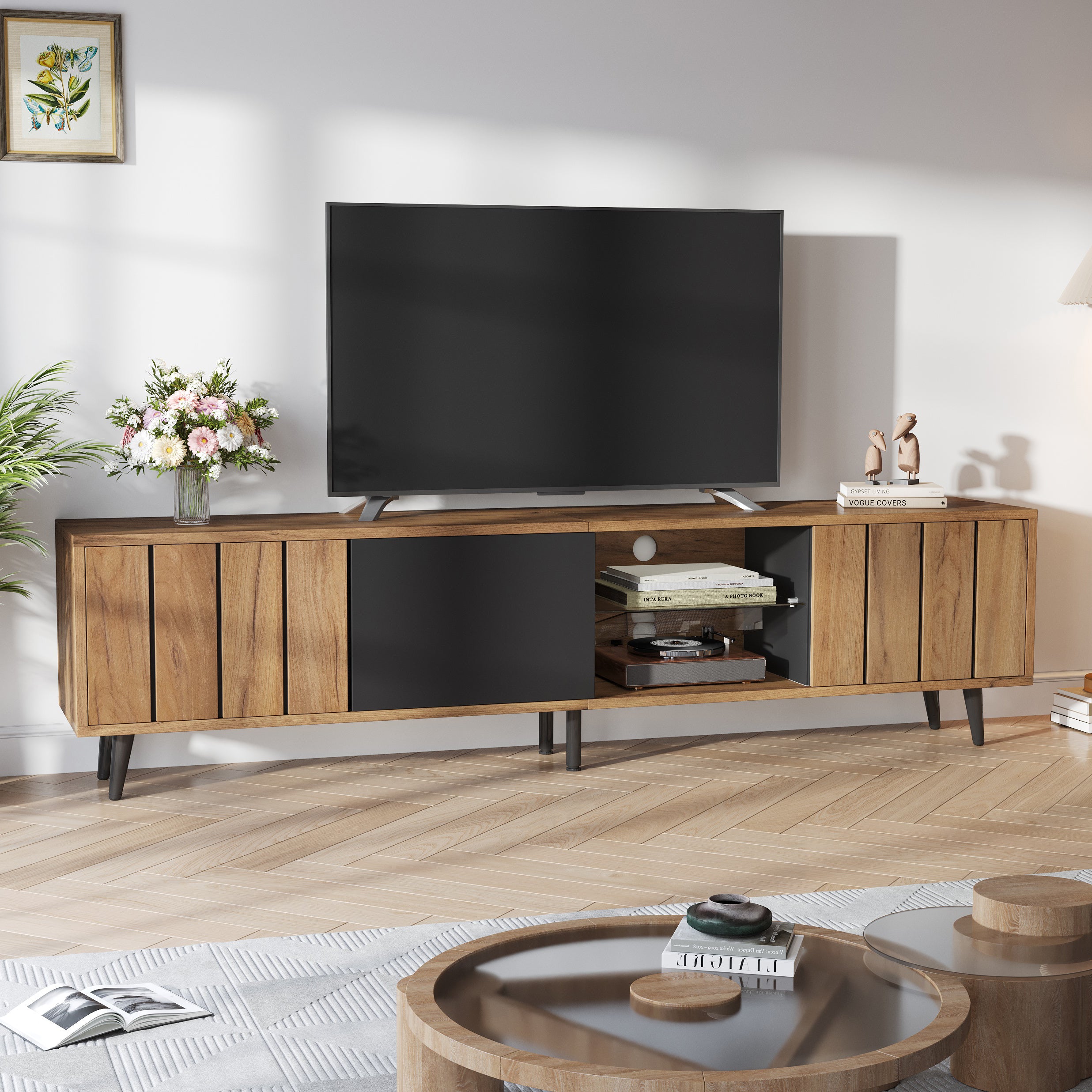 Lowboard TV Cabinet 175x31.5x45cm for 75-inch TVs with 3 Cabinets Wood Black