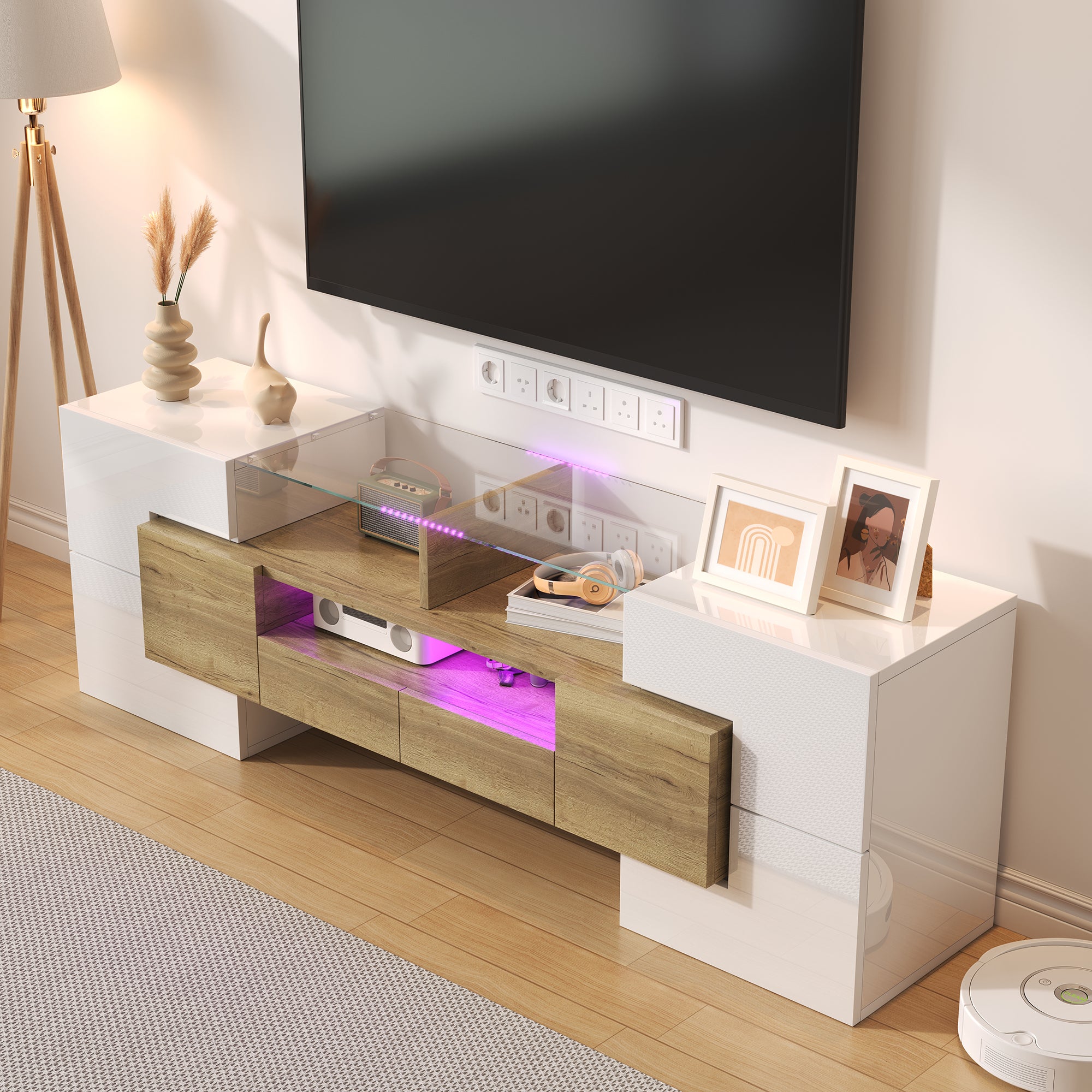 TV Cabinet, 145 cm LED Lighting, High-Gloss White Glass