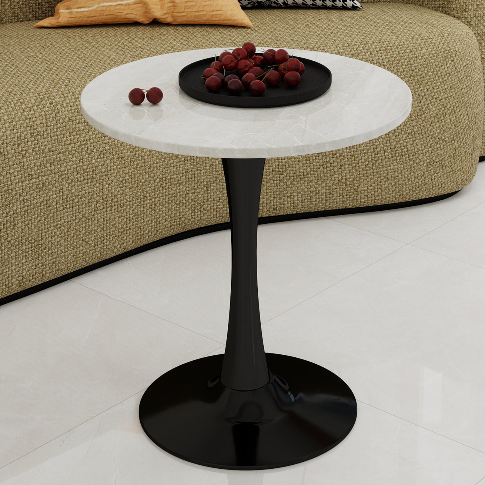Coffee Table Round Marble Top Mid-Century Modern 27.6-inch - Black
