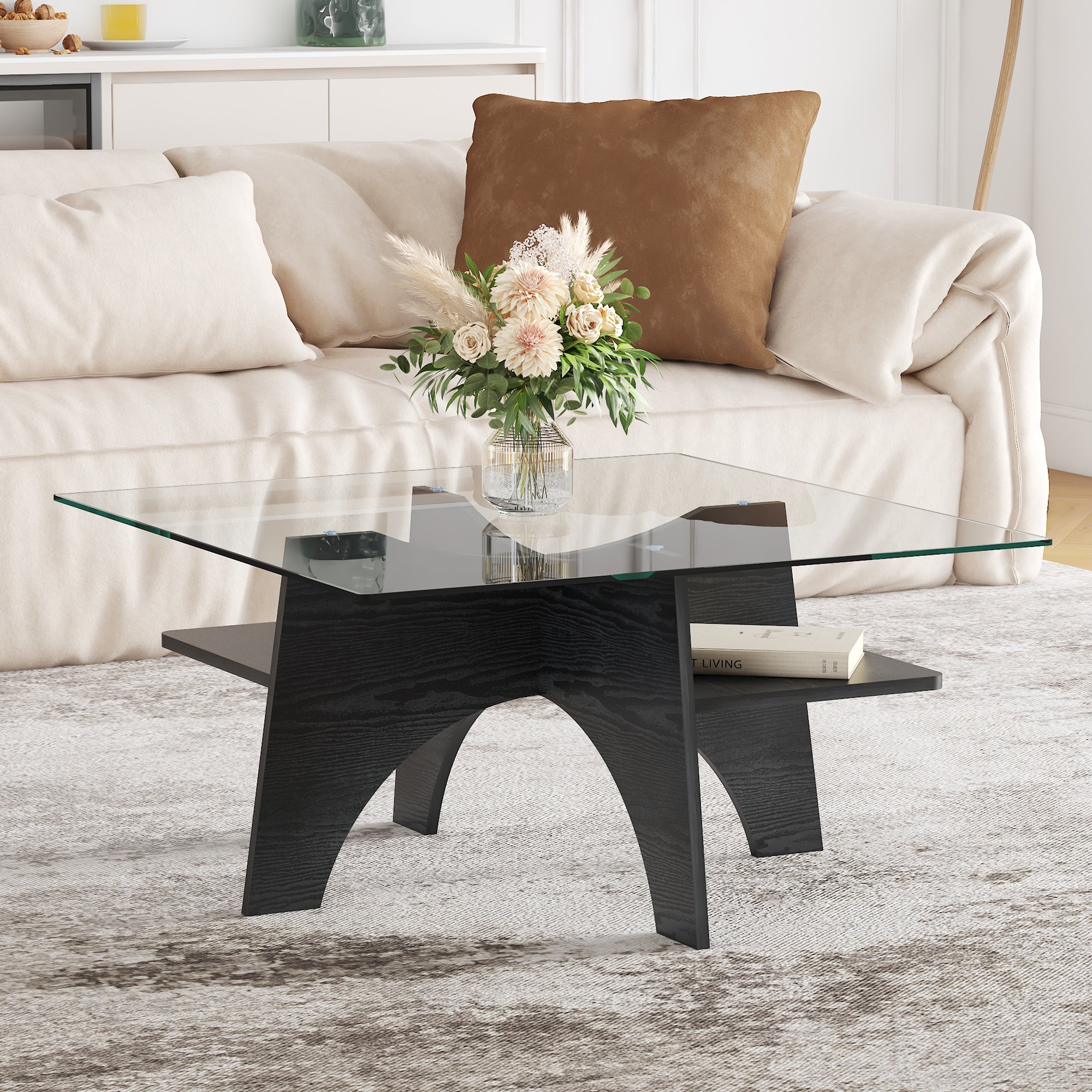 Modern Square Side/Coffee Table Tempered Glass 80cm - Black Wood Look