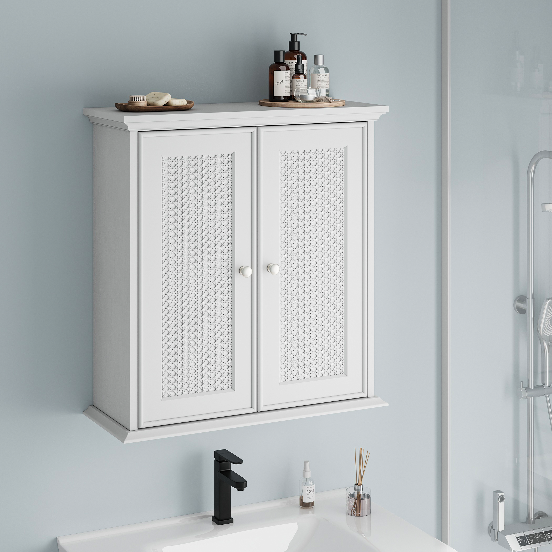 Bathroom Cabinet, Wall-Mounted with Basket Doors & Adjustable Shelves, White