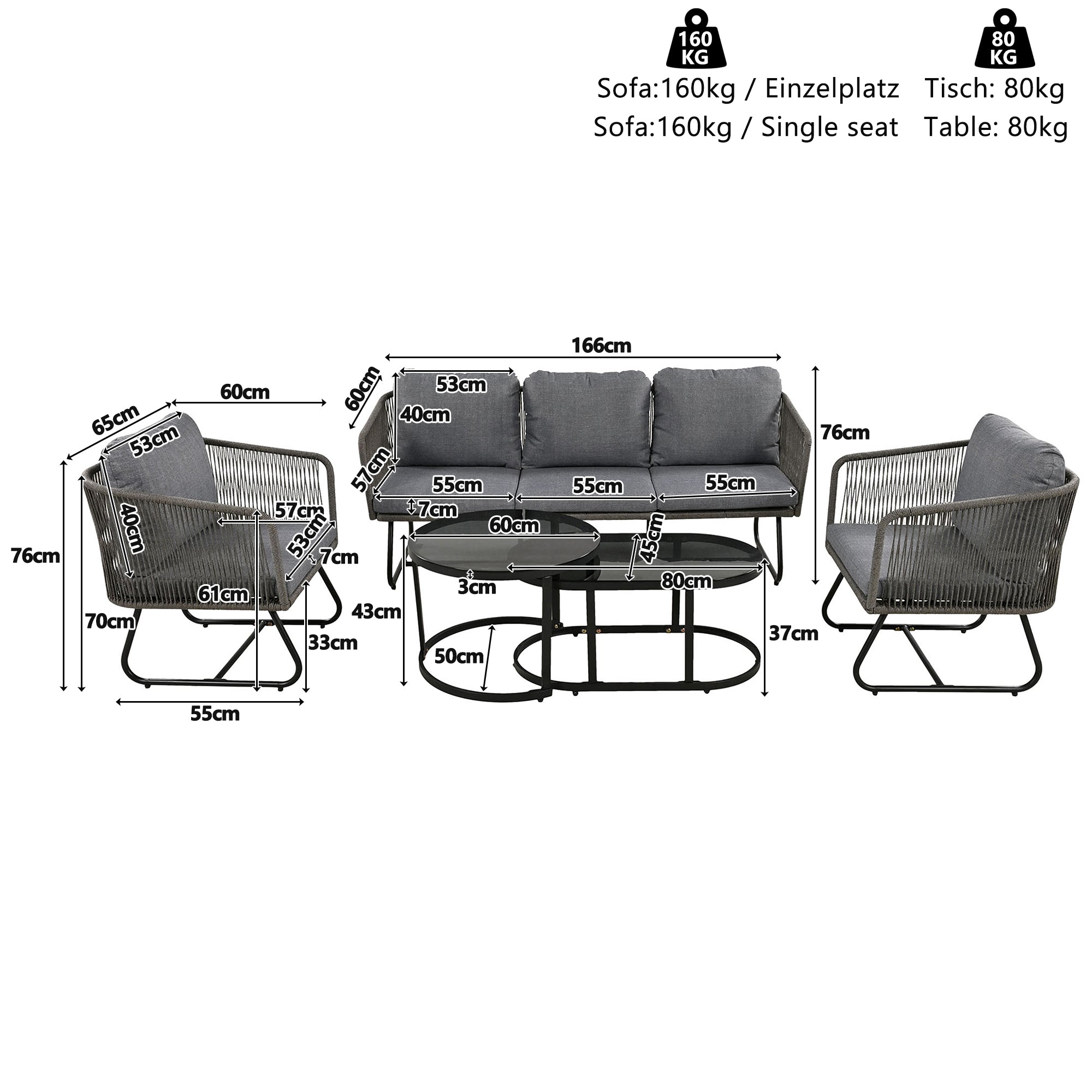 Garden Lounge Set 5-Piece Rope Furniture Glass Top Galvanized Frame, Grey Rope & Iron