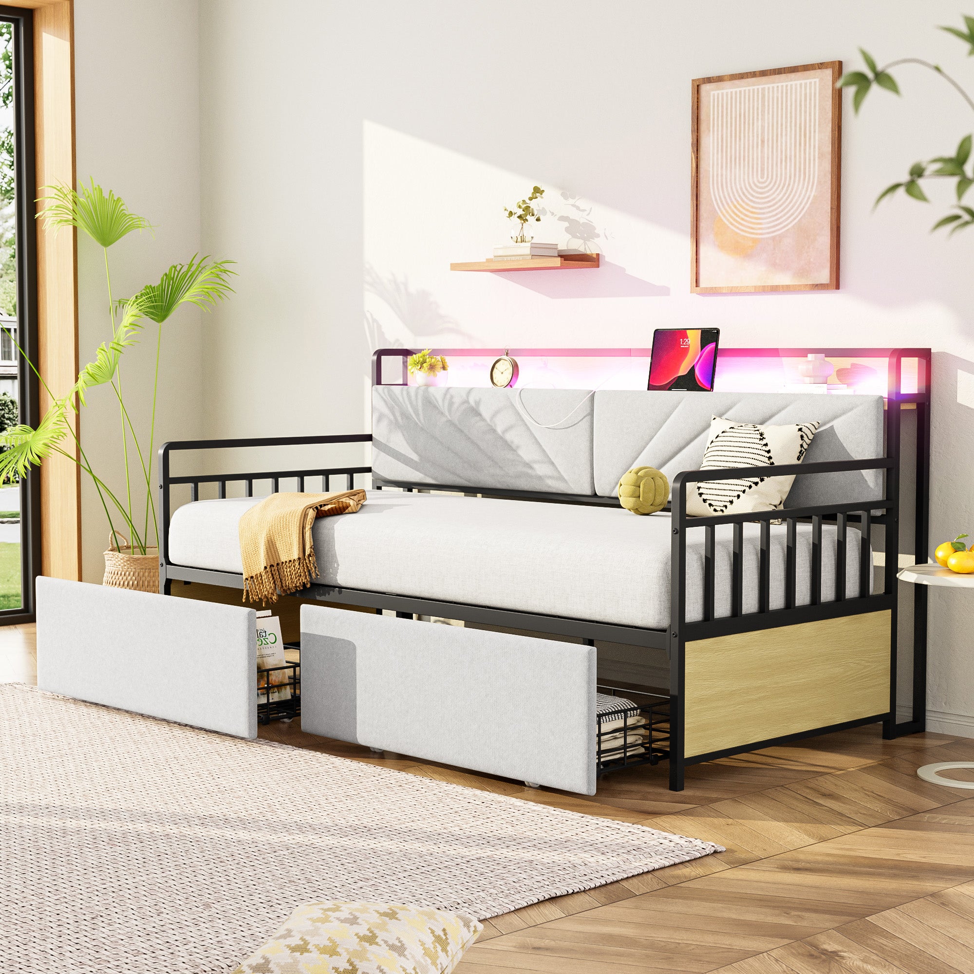 Sofa Bed, 90x200 cm LED, Shelves & Drawers, Beige Iron