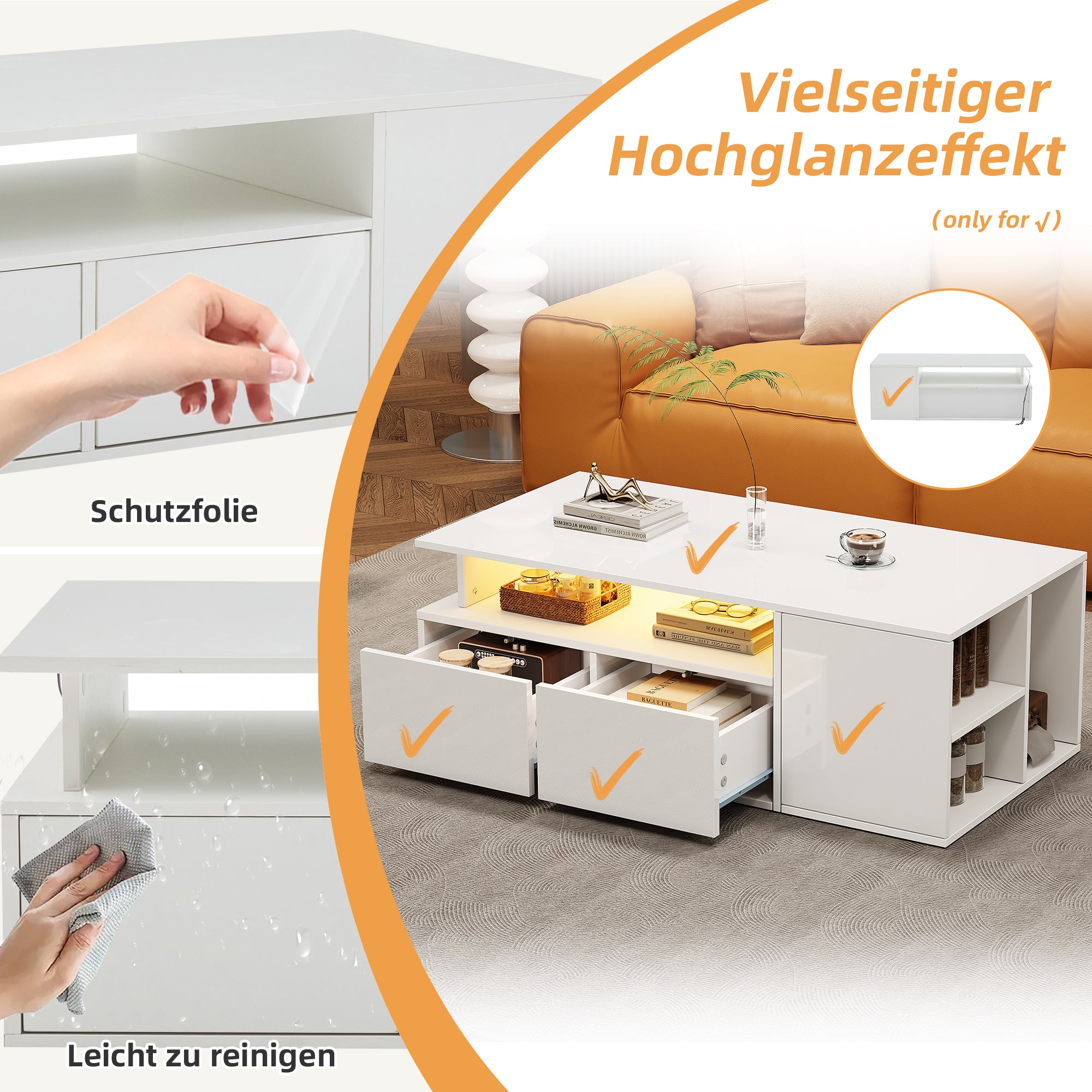 Coffee Table 100x50x35cm LED Lighting 2 Drawers, White