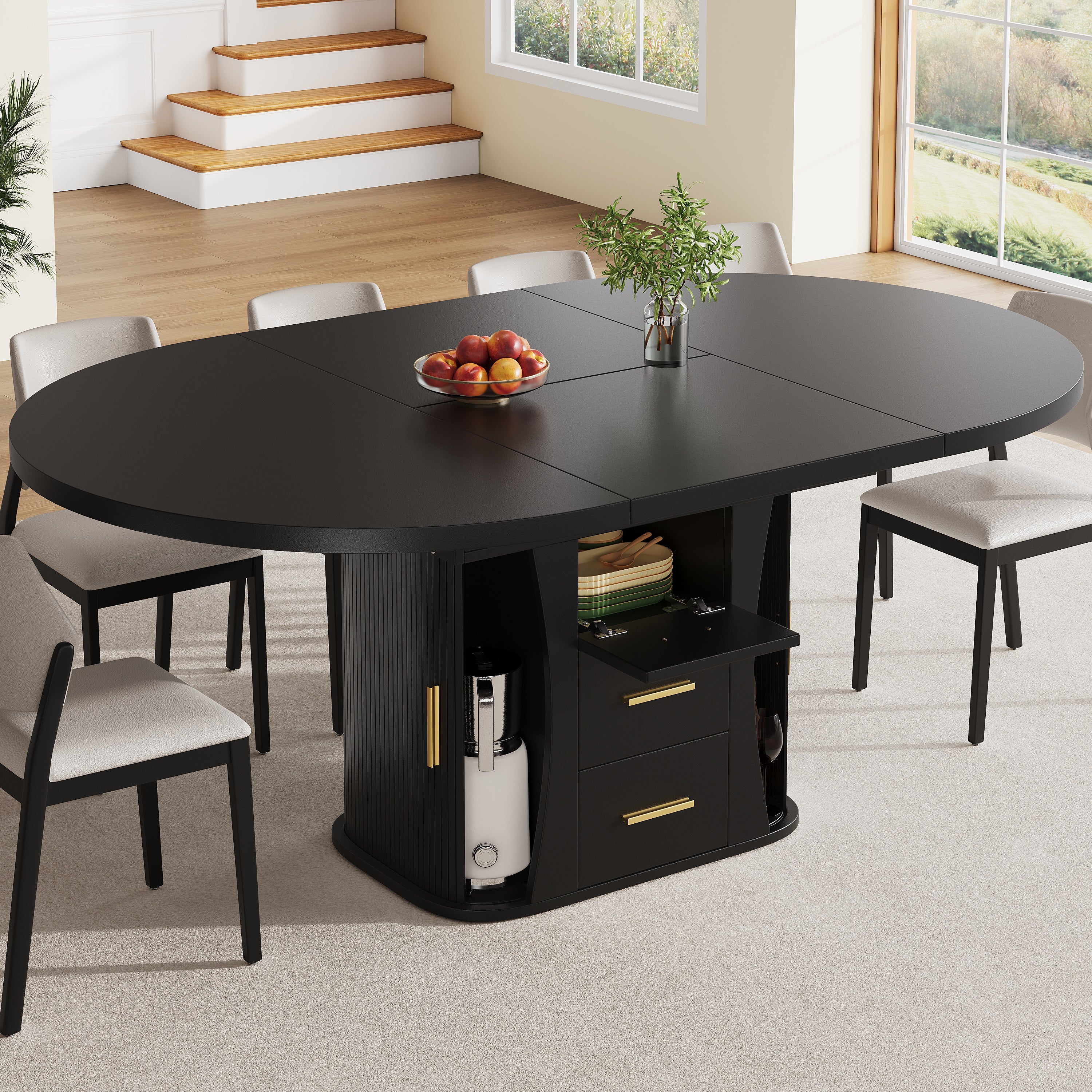 Extendable Round Dining Table, Seats 6 People with Three-tier Storage, Black
