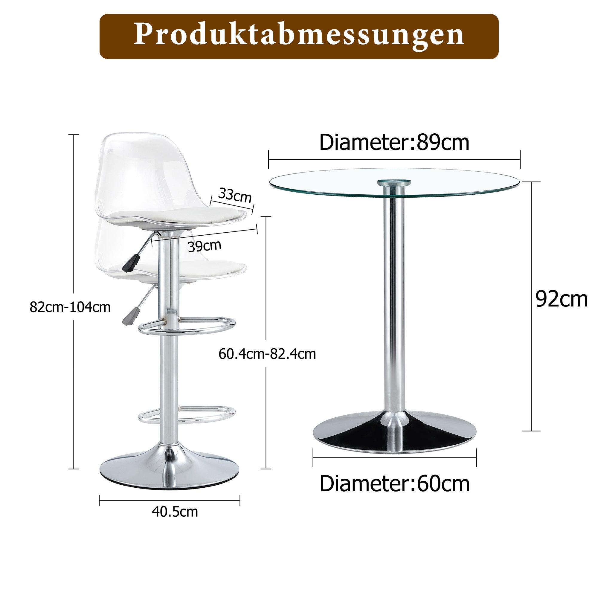 Flexible Bar Set, 89cm Glass Table + 2 Height-Adjustable Stools, Silver-Colored Metal