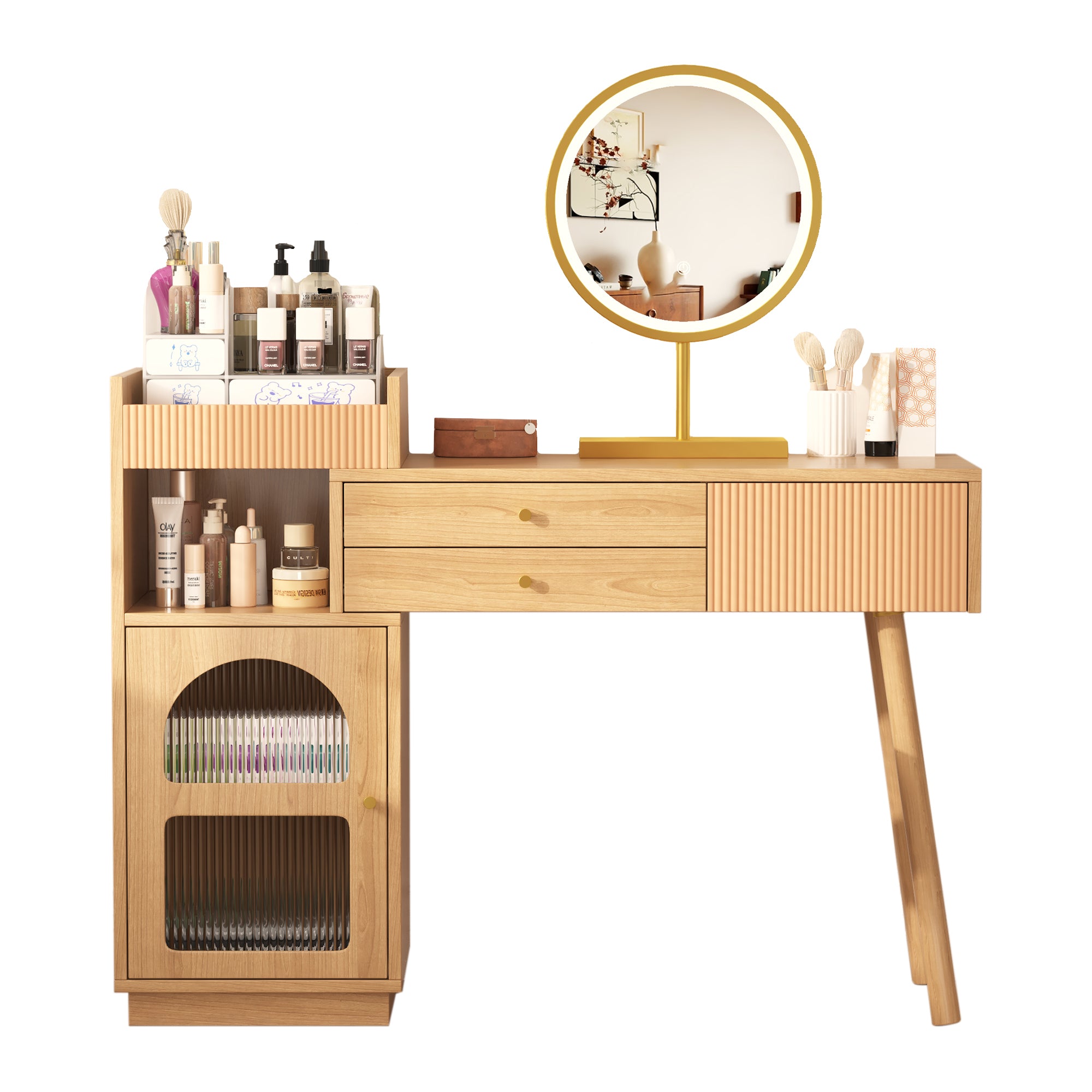 Dressing table set, cosmetic table with LED mirror and 3-color lighting, wooden