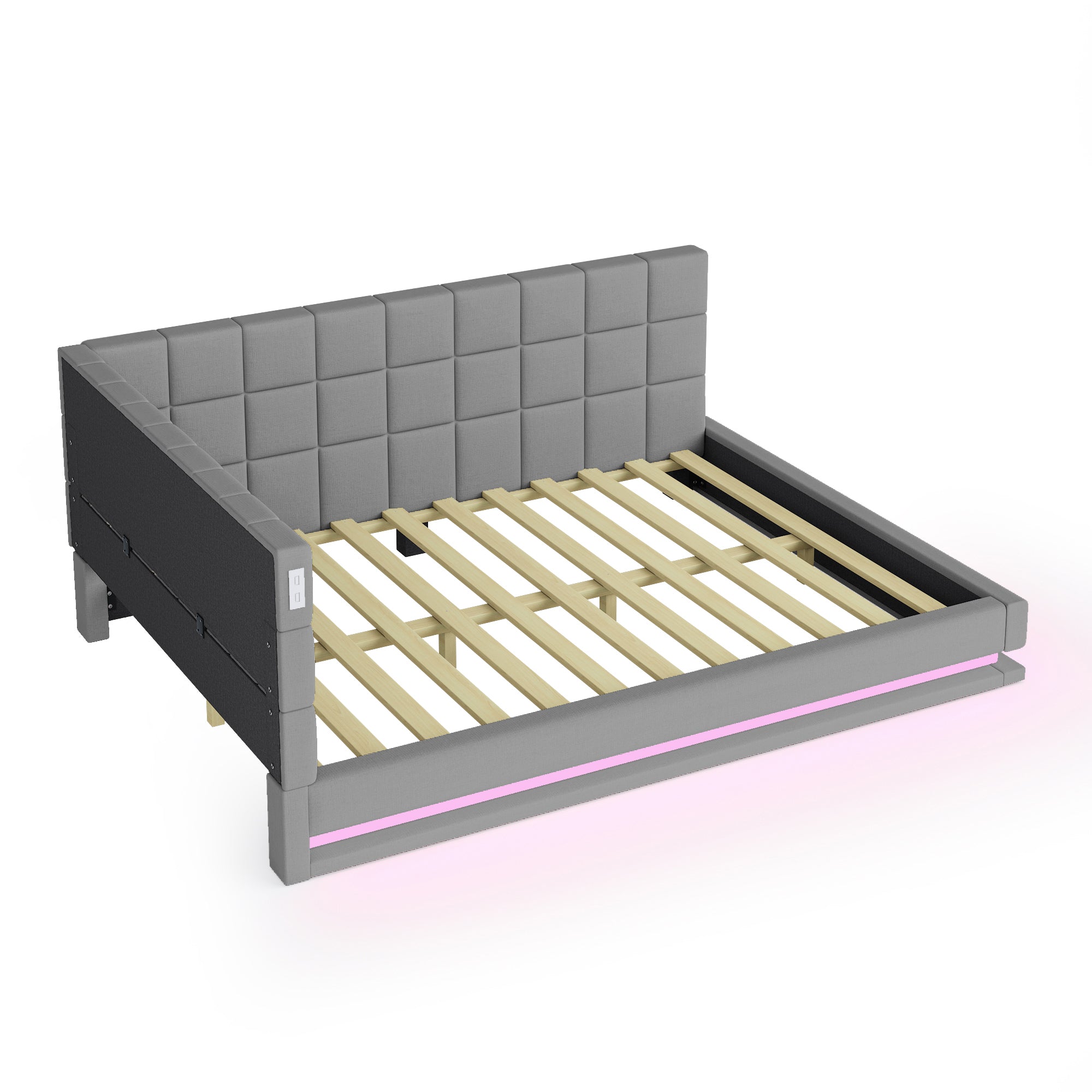 Upholstered Sofa Bed 160*200 Multifunctional with LED & USB, Grey Linen