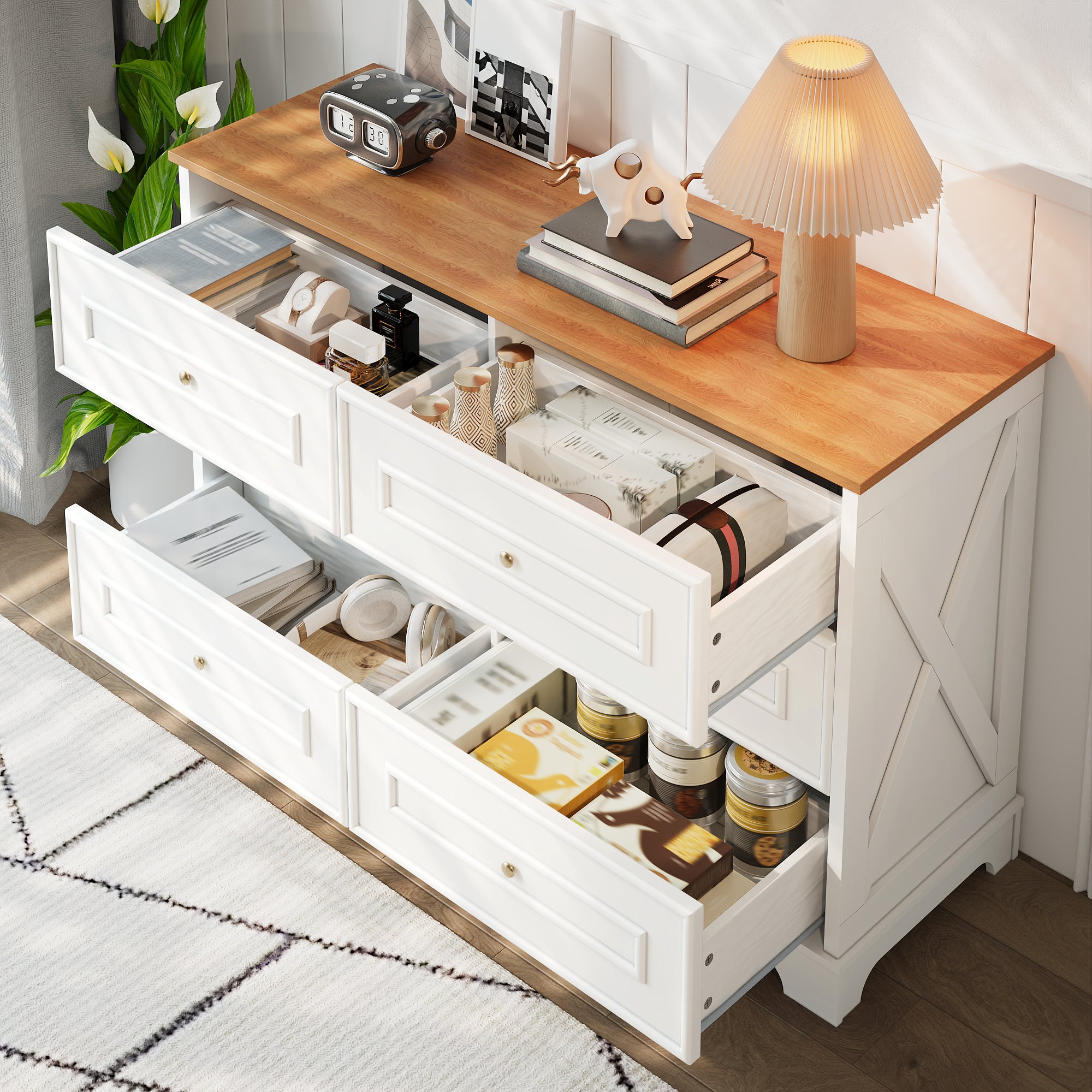 Sideboard, Six-Drawer Minimalist Design, Natural and White