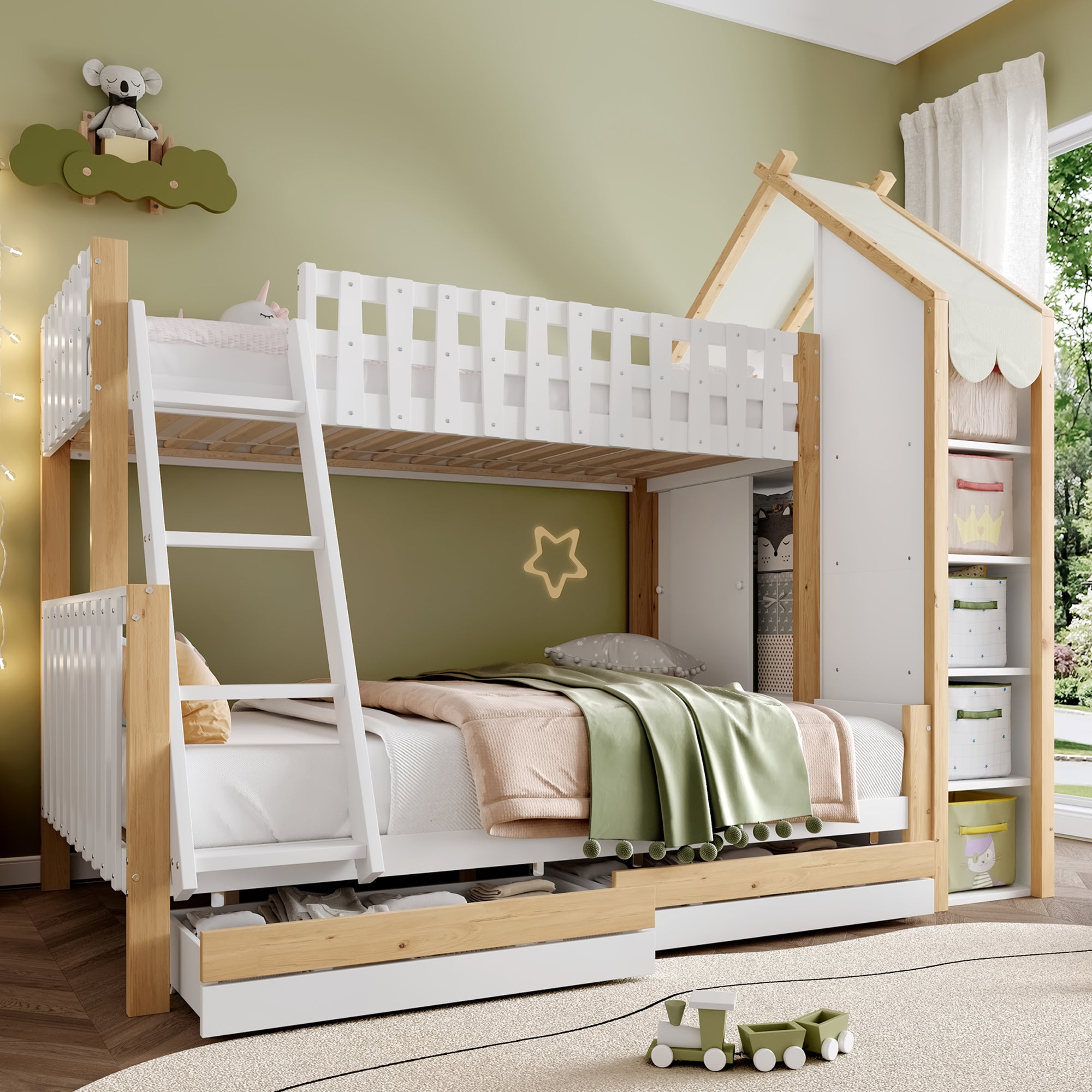 Bunk Bed 90x200cm/140x200cm, House Rail, Ladder, 2 Drawers, White + Natural Wood