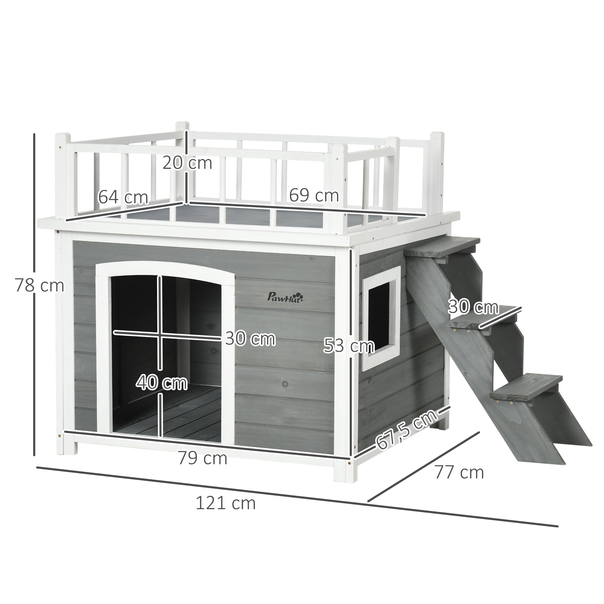 Dog House with Balcony, Stairs, Raised Window, Fir Wood