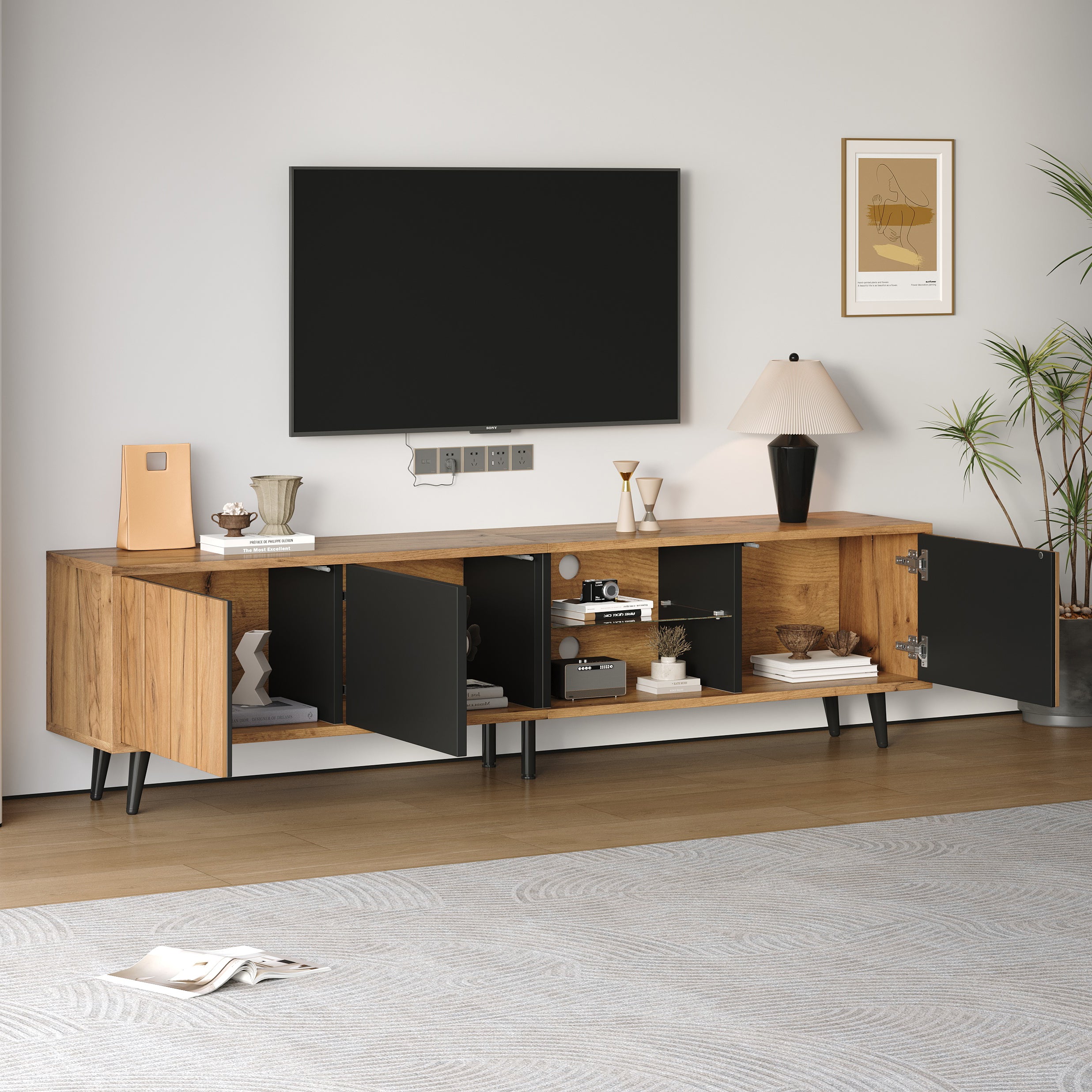Lowboard TV Cabinet 175x31.5x45cm for 75-inch TVs with 3 Cabinets Wood Black