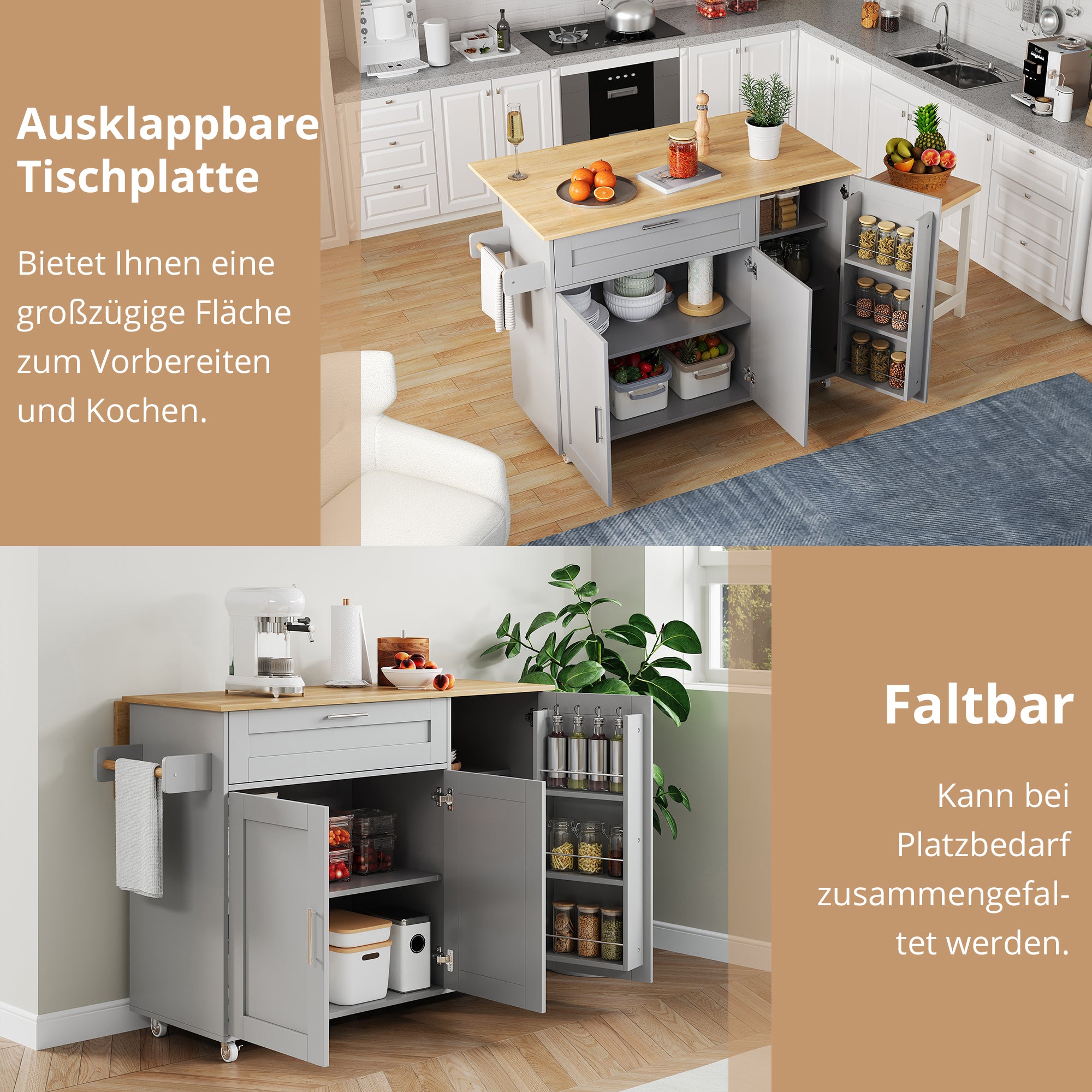 Mobile Kitchen Table Folding Top Storage Wheels - Oak Grain