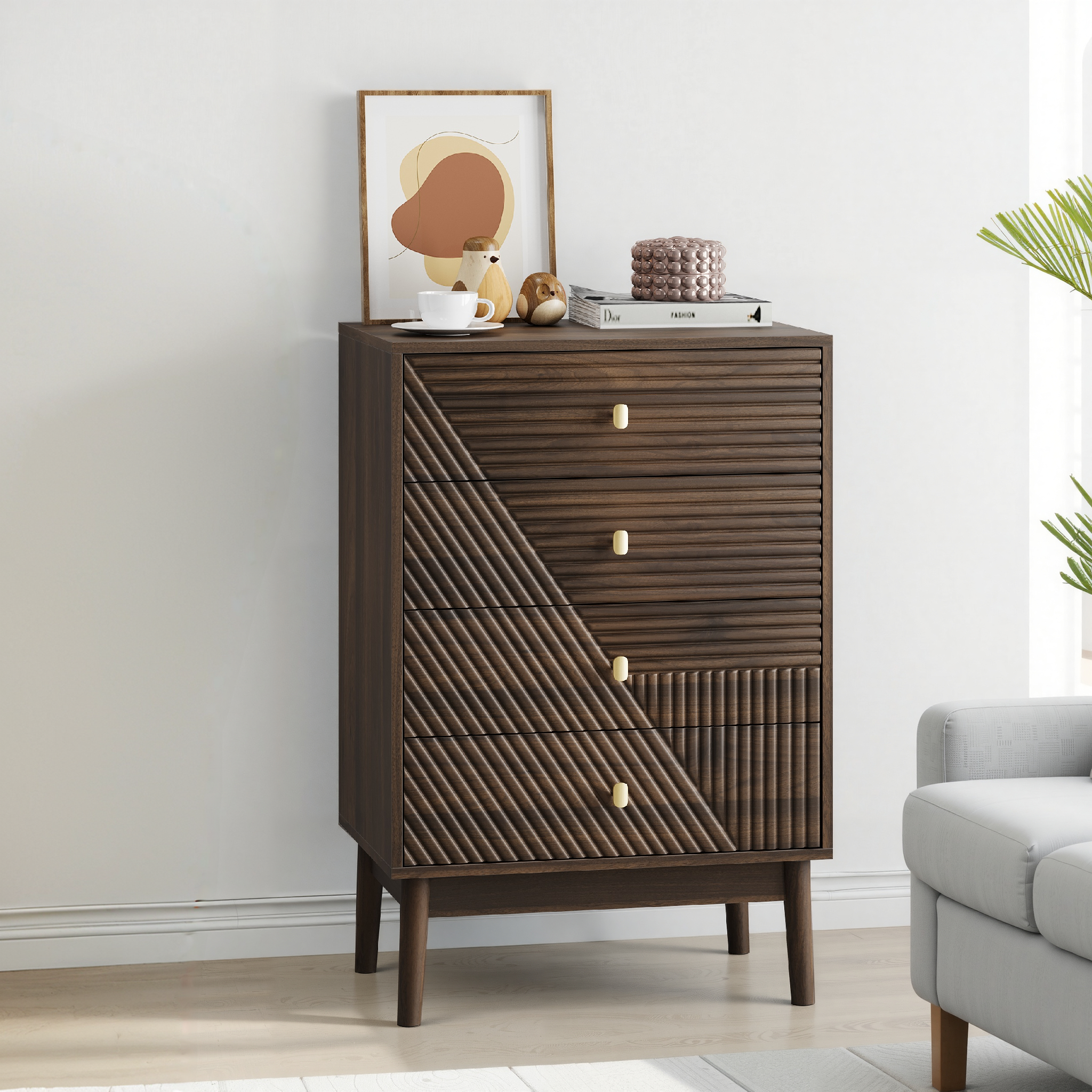 Chest of Drawers Modern 4-Drawer Wooden Storage Cabinet Walnut