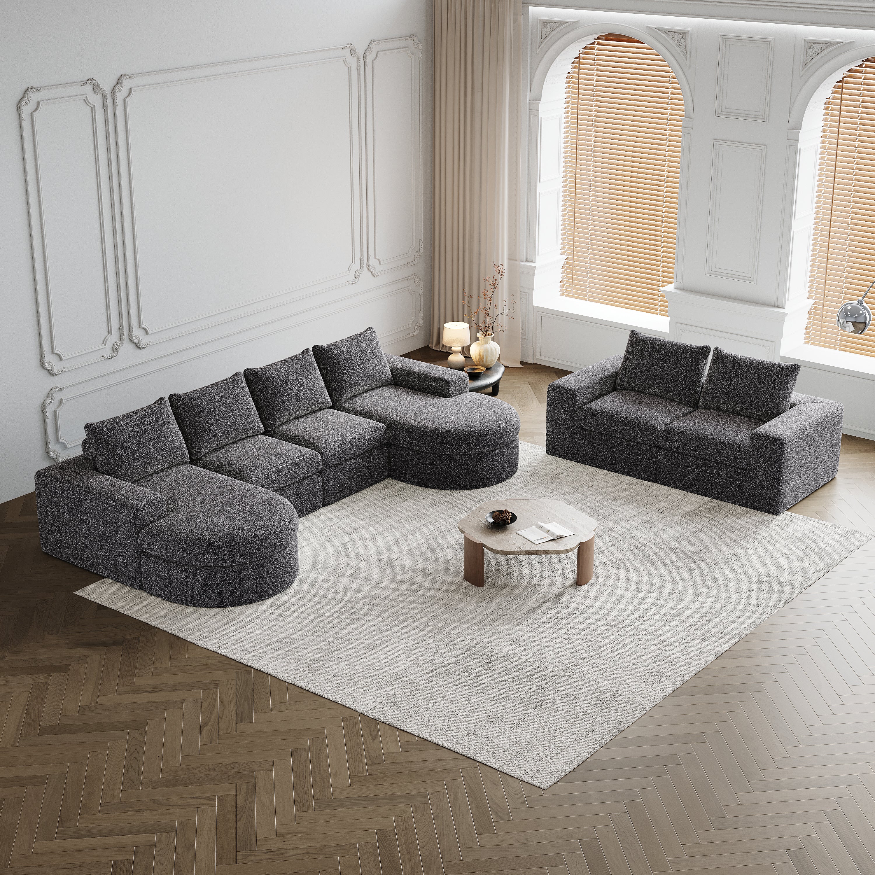 Chenille Sofa, Curved Modular L-Lounger, Two-Piece Set