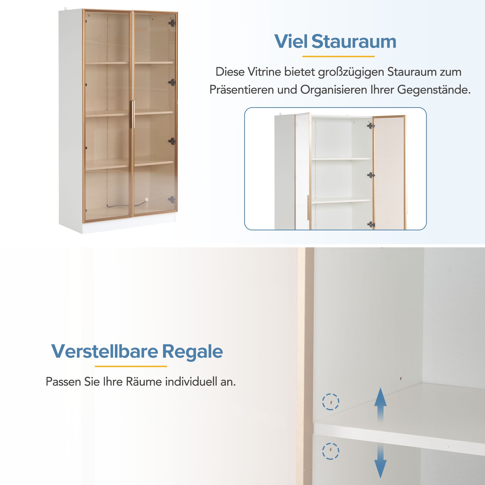 Glass Display Cabinet, Set of 2 with LED Lighting & Movable Shelves, White