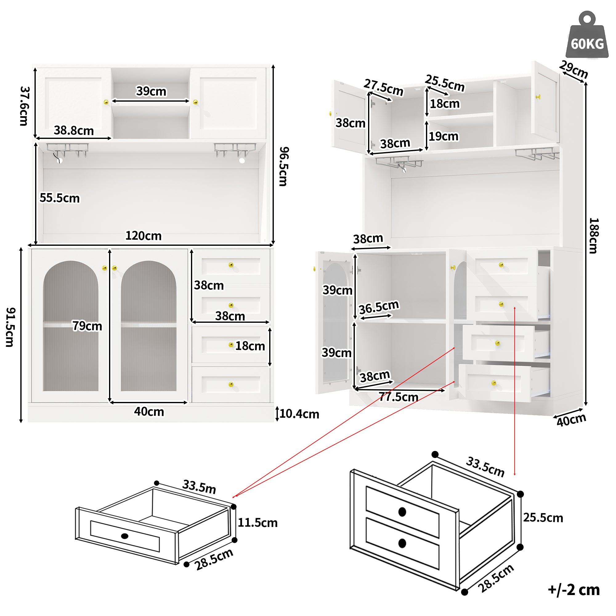 Sideboard Buffet Cabinet with LED Lighting and Fluted Glass Doors, Black and White
