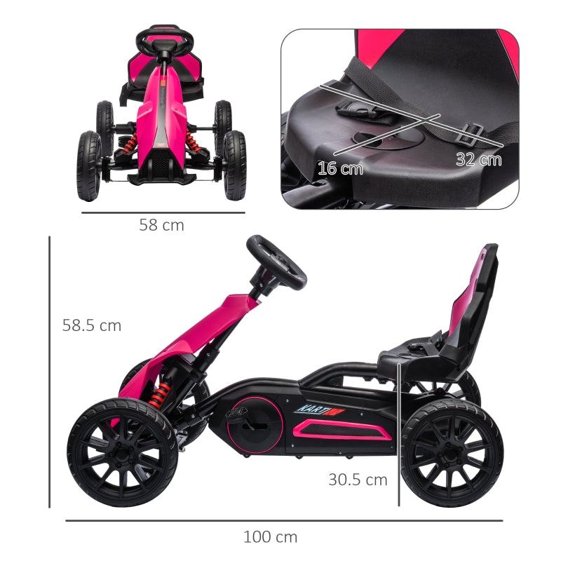 Kids Pedal Go Kart Adjustable Seat EVA Wheels Handbrake - Pink
