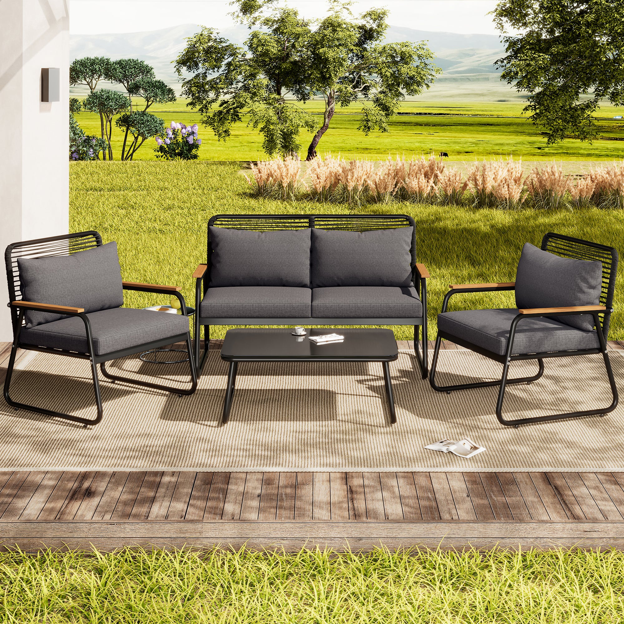 Garden Lounge Set Sofa & Table for 4 Galvanized Iron Tempered Glass - Black