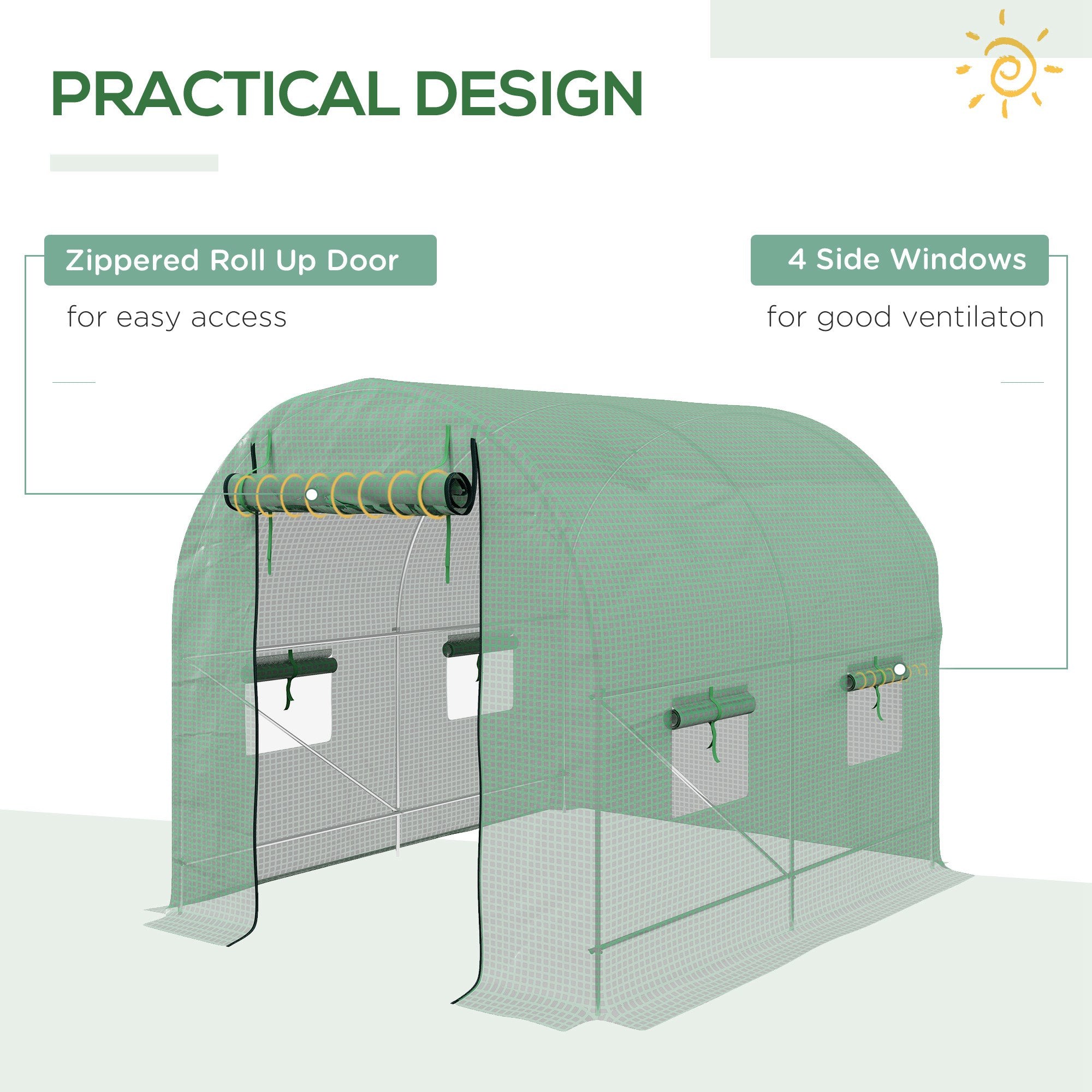 Walk-In Garden Polytunnel Greenhouse Roll-Up Door 4 Windows 2.5 x 2m Steel PE Green