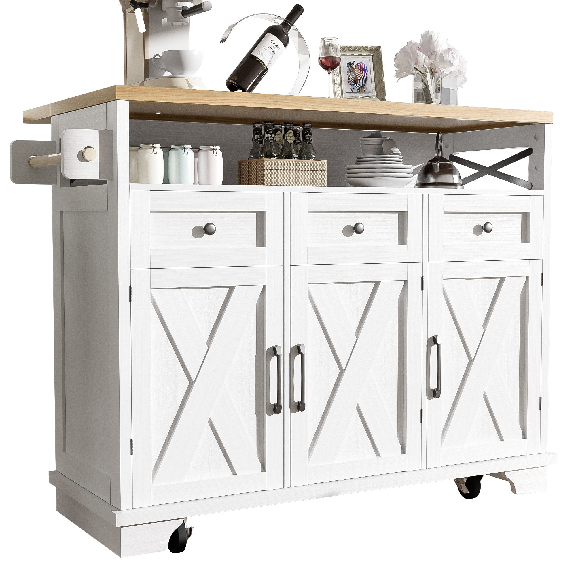 Modern Kitchen Island 118x43x98cm Mobile Storage Towel Rail - White