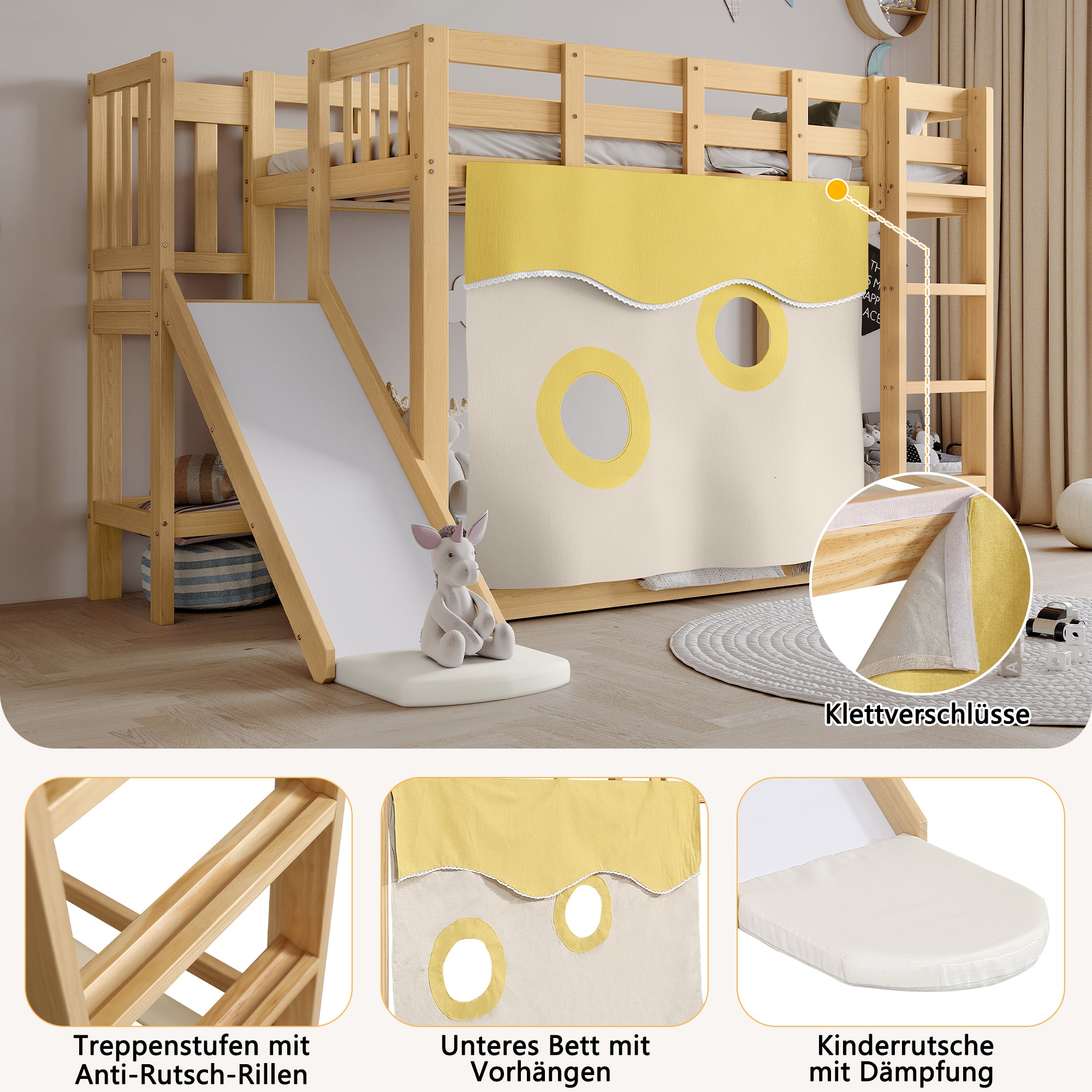 Bunk Bed with Stairs, Slide & Curtains, MDF+Pine, Natural