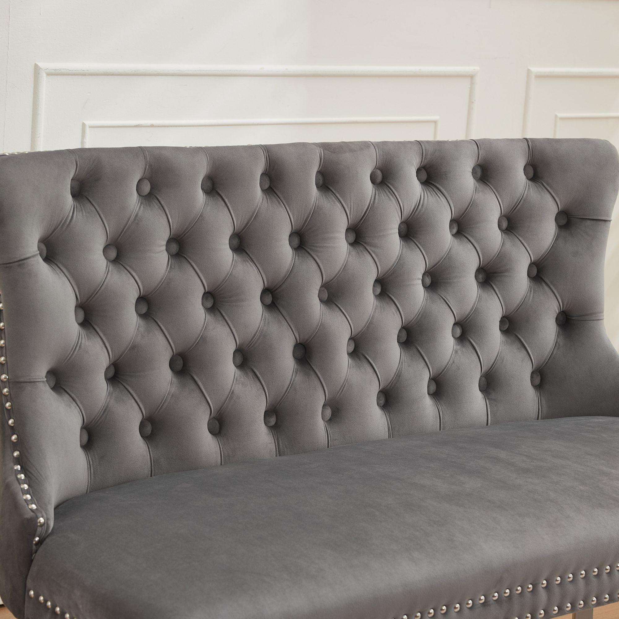 Velvet Loveseat Bench, 2-Seat Tufted Wing Back Mid Century Modern, Gray