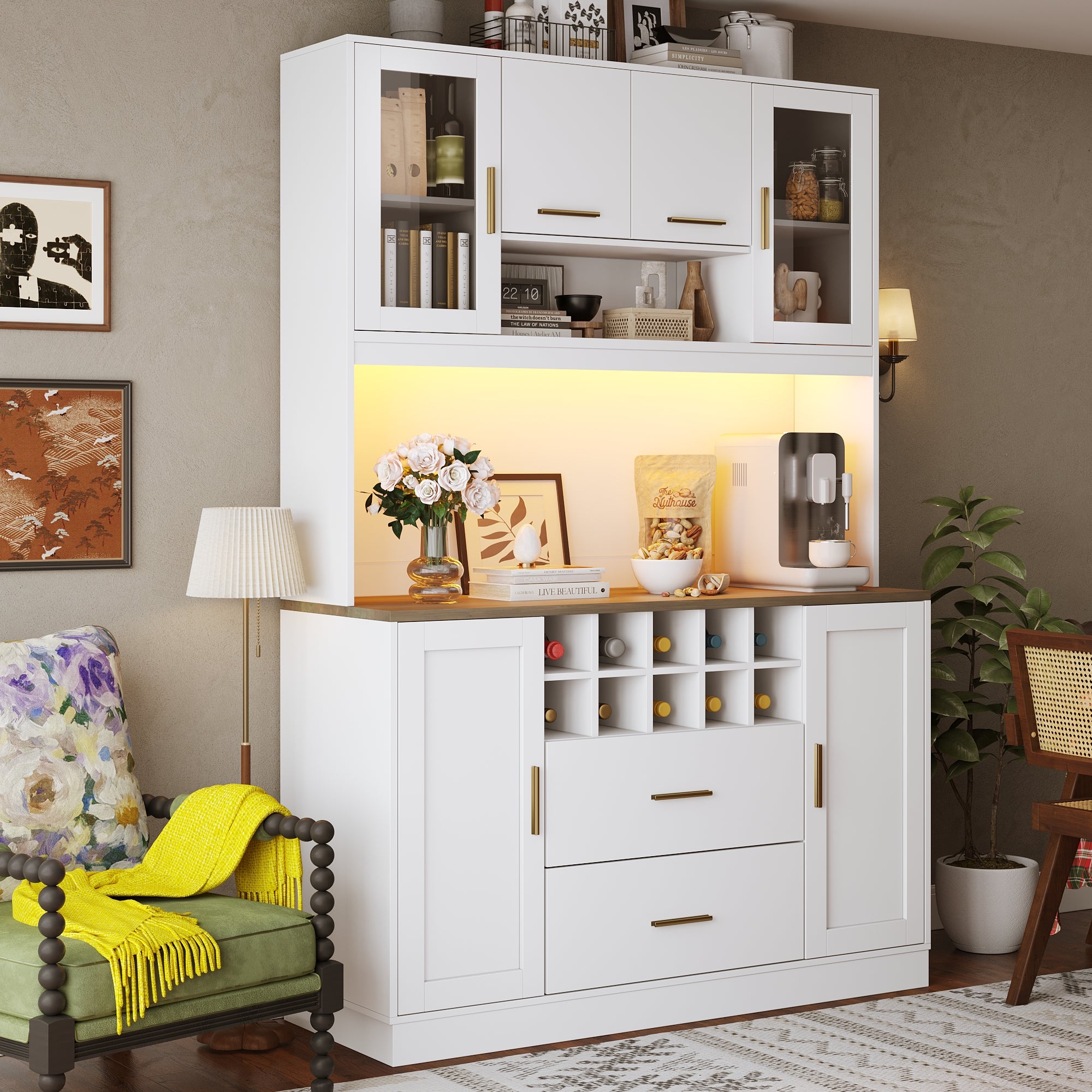 Sideboard Kitchen Cabinet with LED Lighting and Socket, Black and White