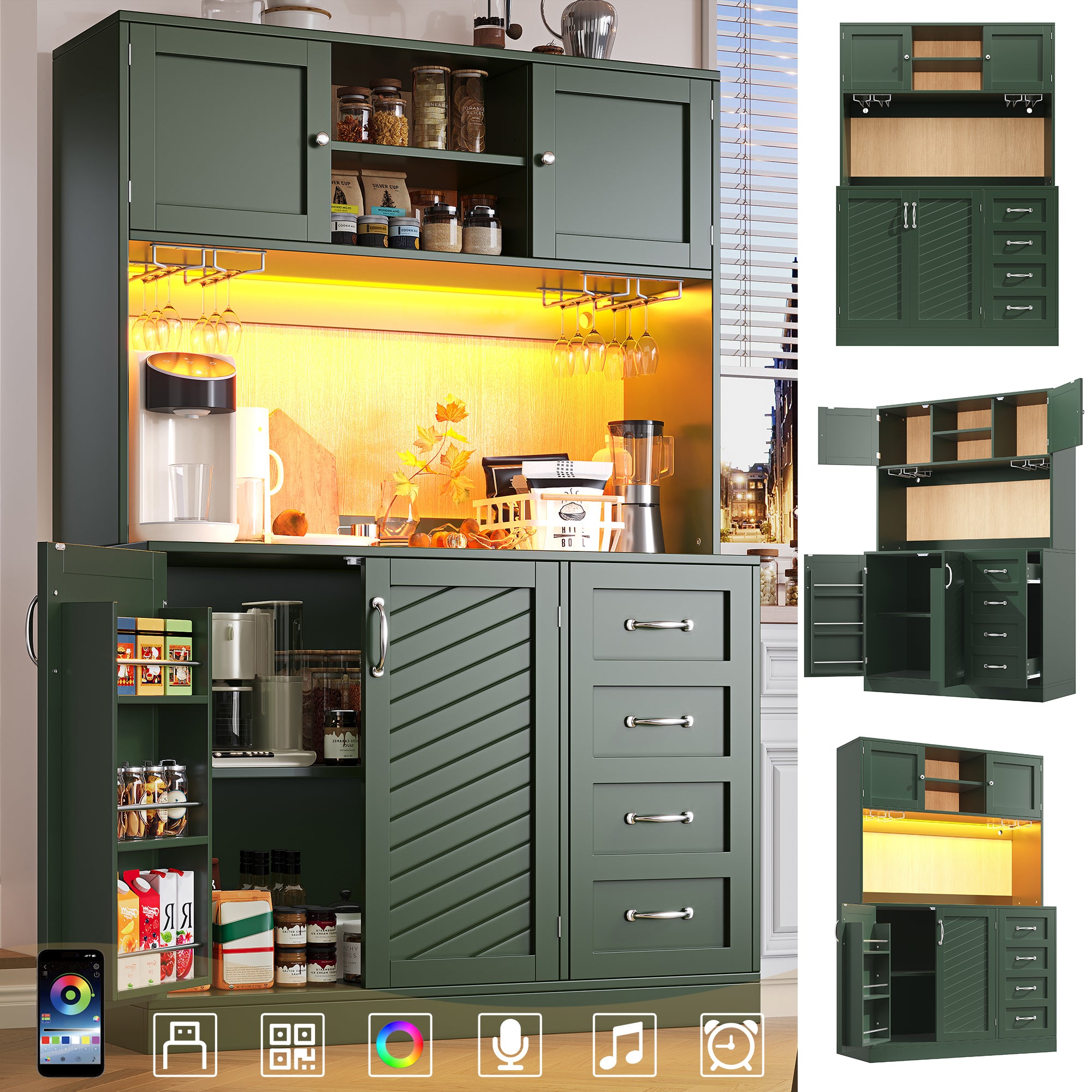 Sideboard with LED Lighting and Drink Holders, Green and White