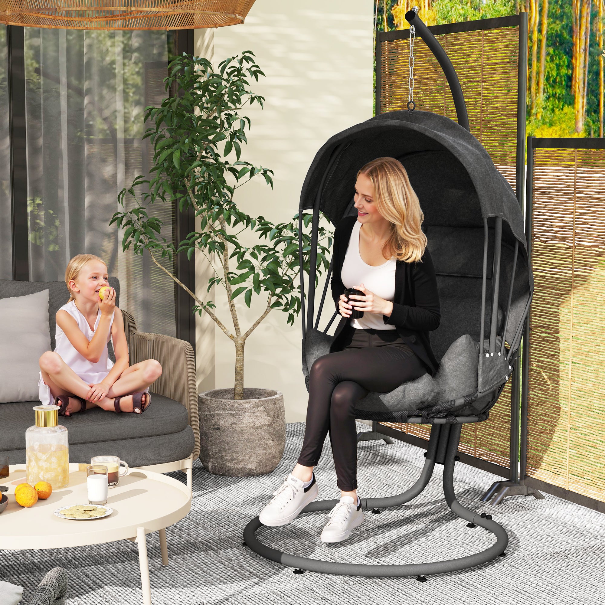 Hanging Egg Chair Swing with Stand, Cushion, and Retractable Canopy - Grey