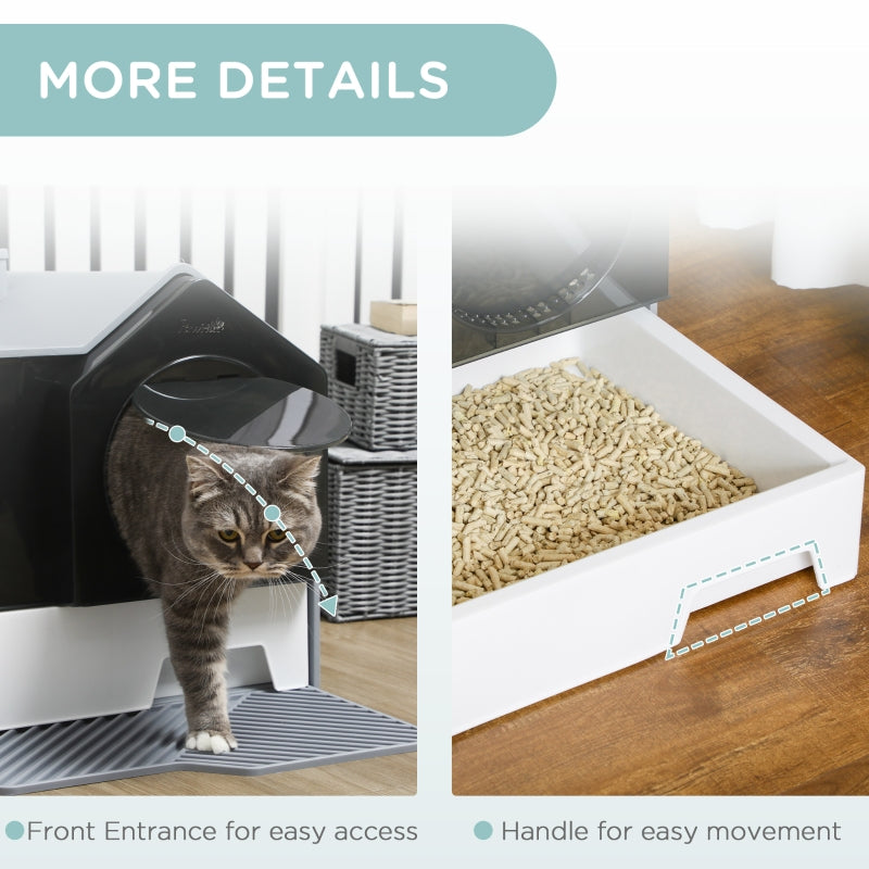 Cat Litter Tray Hooded with Scoop, Drawer, Handle, Deodorants, Hut Design, Front Entrance - Grey