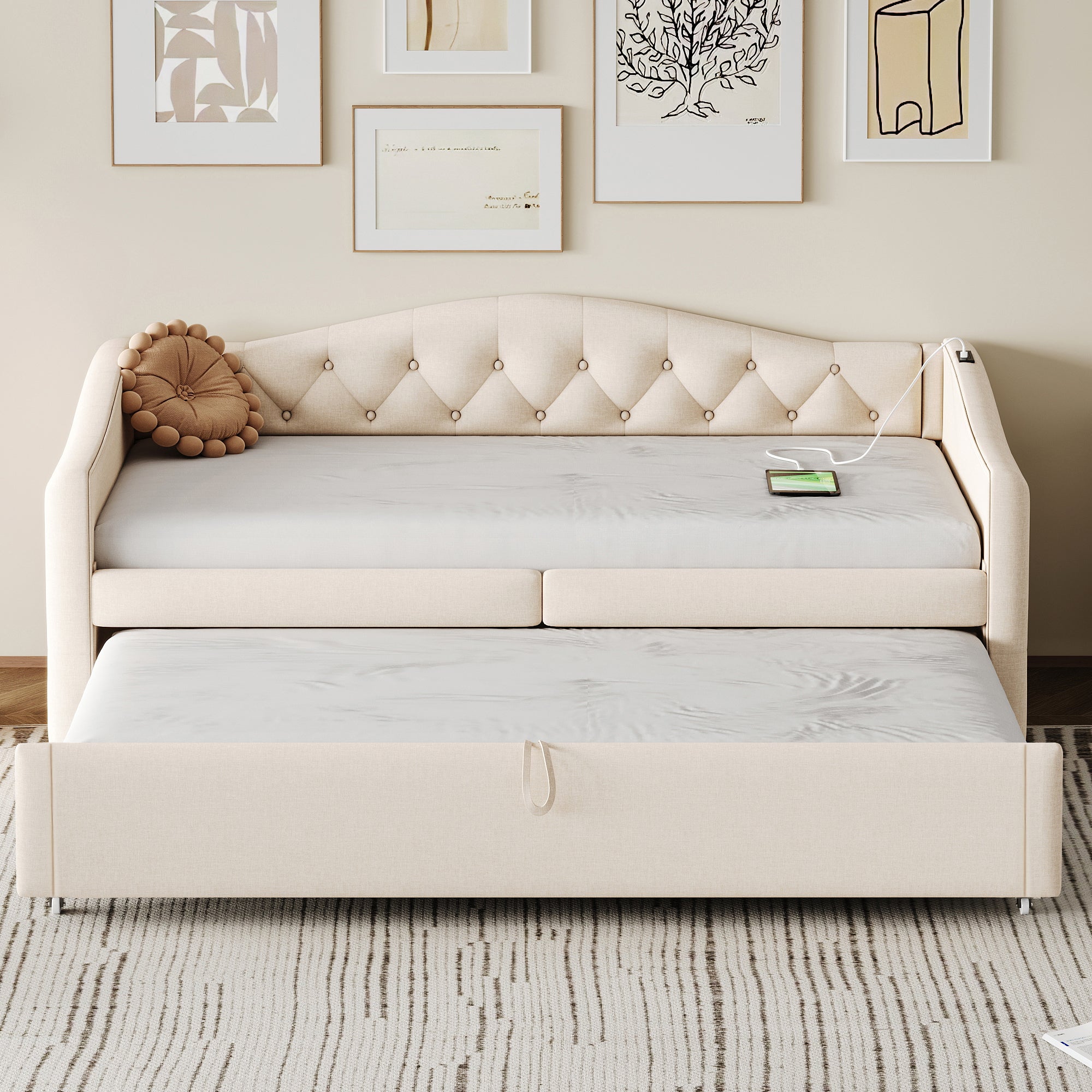 Upholstered Pull-out Sofa Bed with USB Port, Slatted Frame, Multifunctional - Linen Fabric, Beige