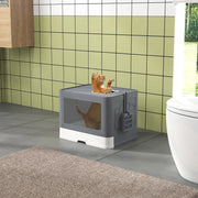 Enclosed Cat Litter Box with Lid, Front Entry, Top Exit, Drawer, Tray, Scoop, Brush - Grey