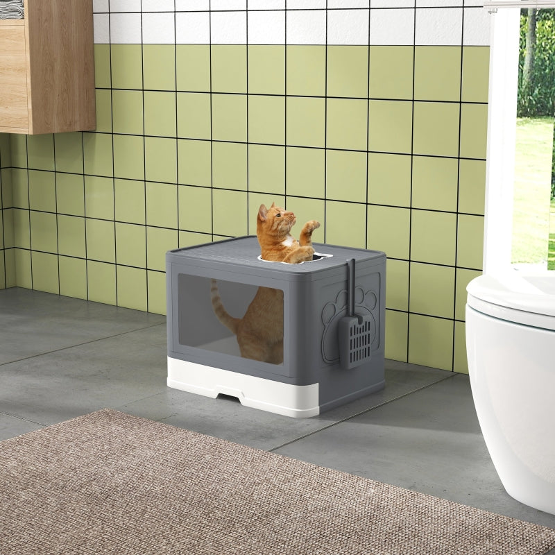 Enclosed Cat Litter Box with Lid, Front Entry, Top Exit, Drawer, Tray, Scoop, Brush - Grey