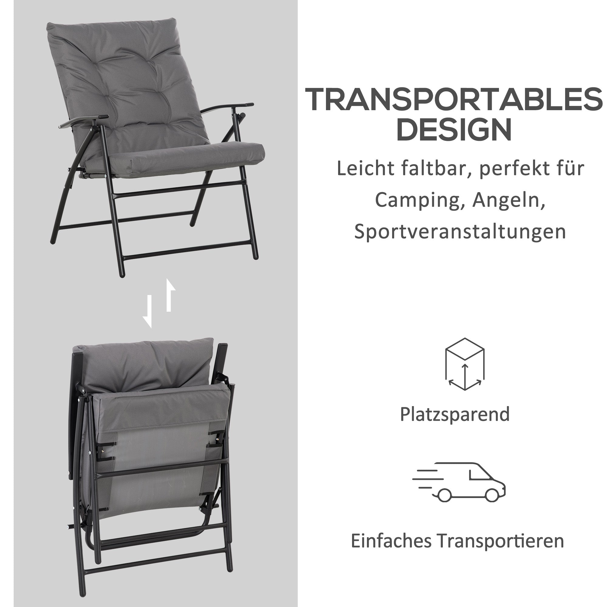 Camping Chair Foldable, Adjustable Backrest, Metal, Oxford, Gray