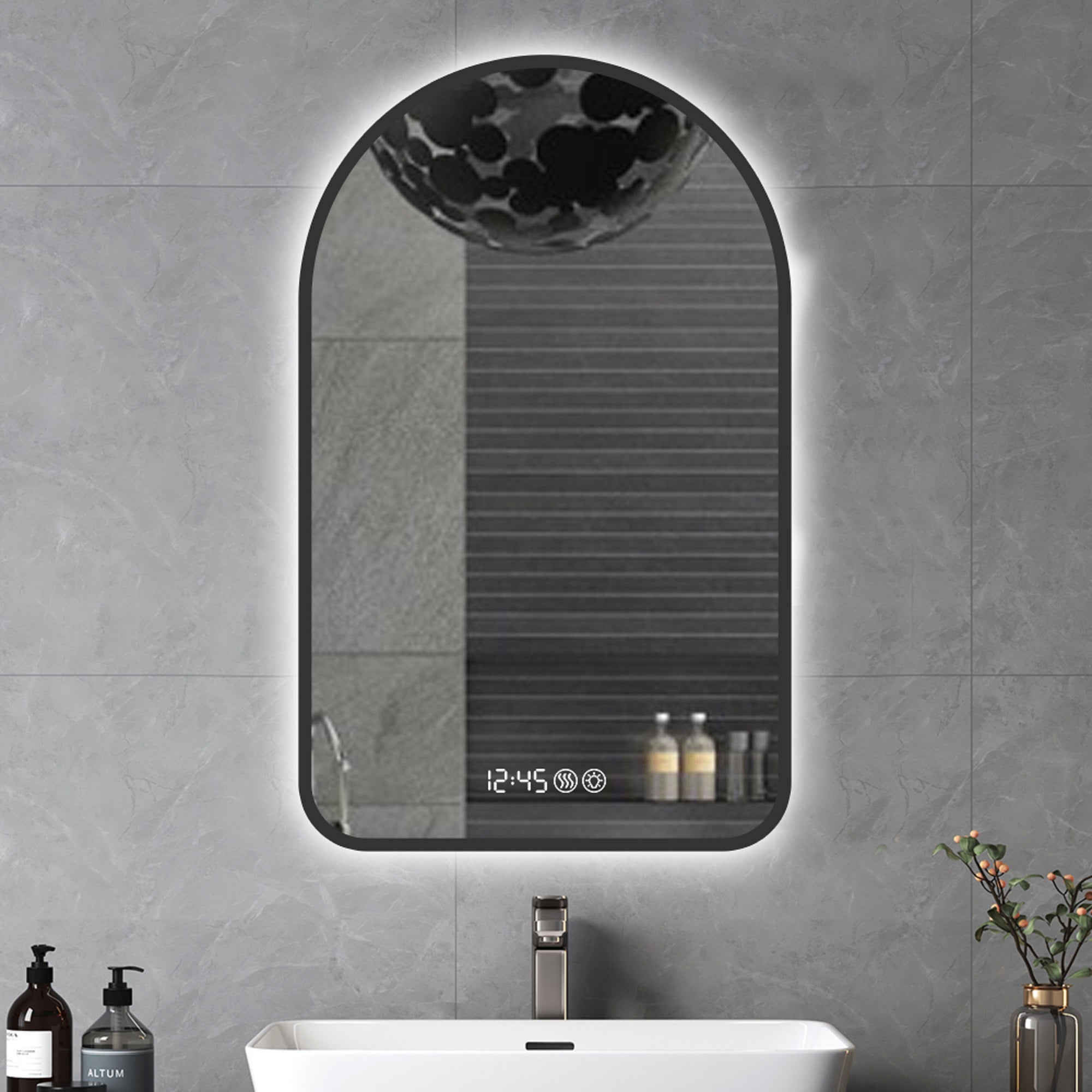 Arched LED Bathroom Mirror 60x120cm, Anti-Fog, Dimmable, Temp Display, Black Frame