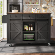 Mobile Kitchen Island Extendable Countertop 2 Sliding Doors 3 Drawers Wood Grain - Black