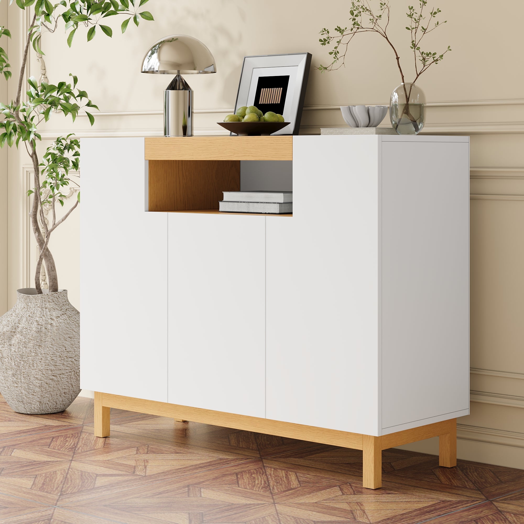 Sideboard, 3-Door Multifunctional Storage Cabinet for Living & Dining, White